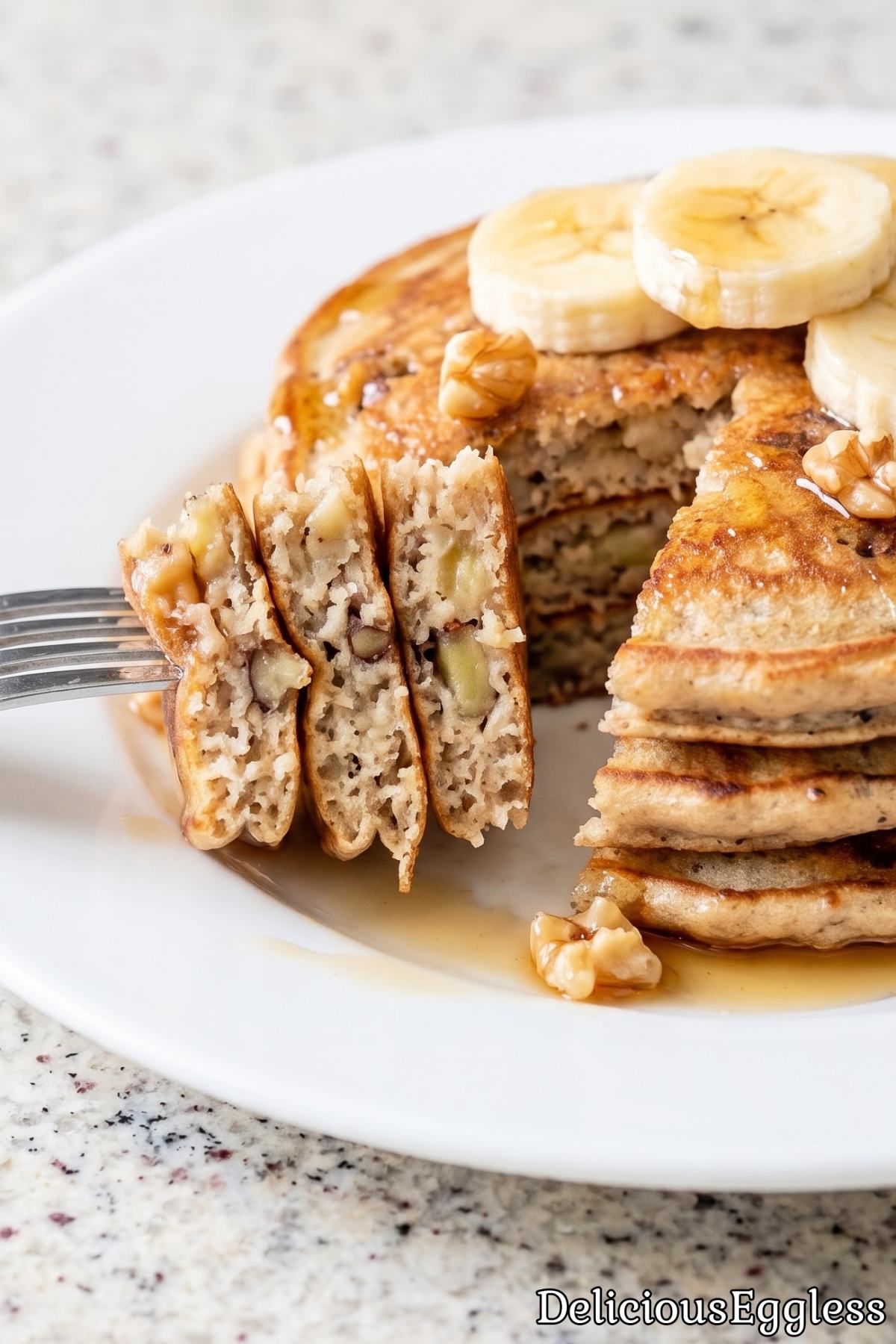 Plate of eggless banana bread pancakes