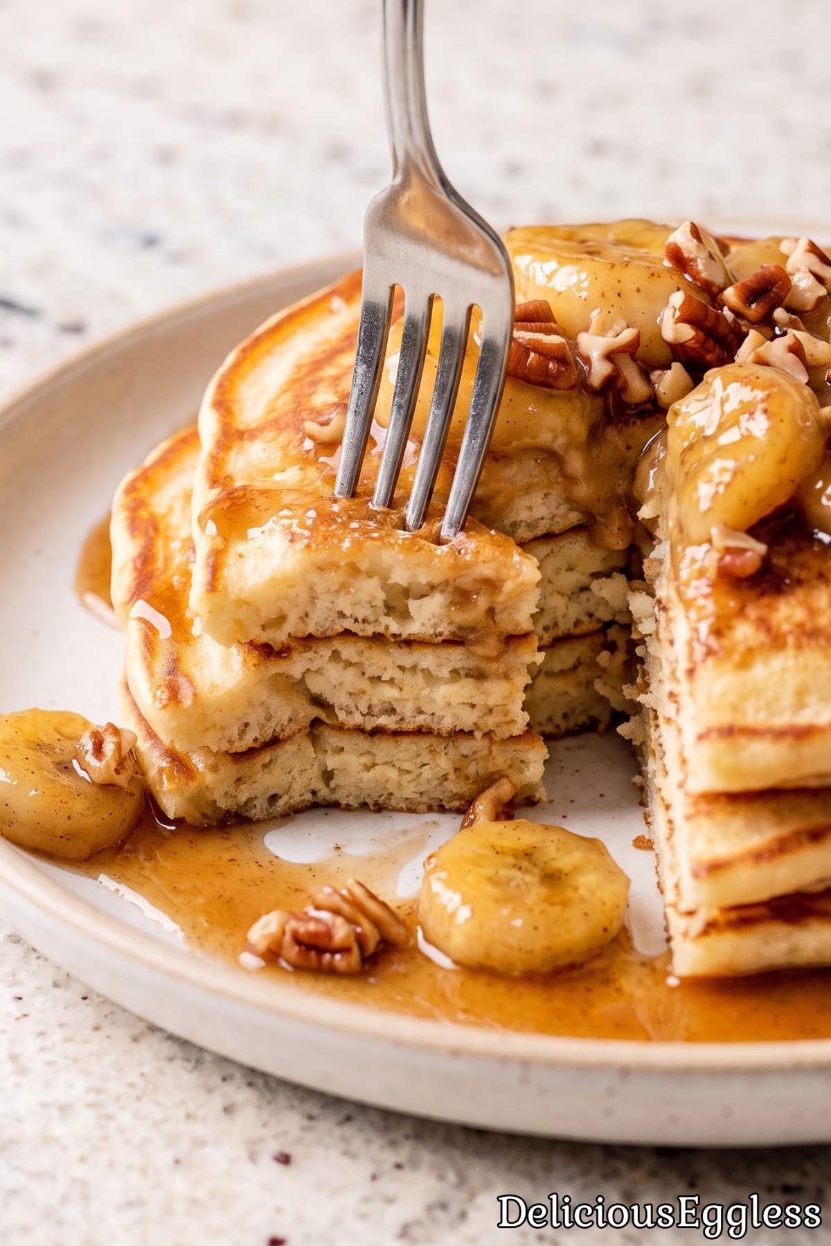 Warm eggless bananas foster pancakes