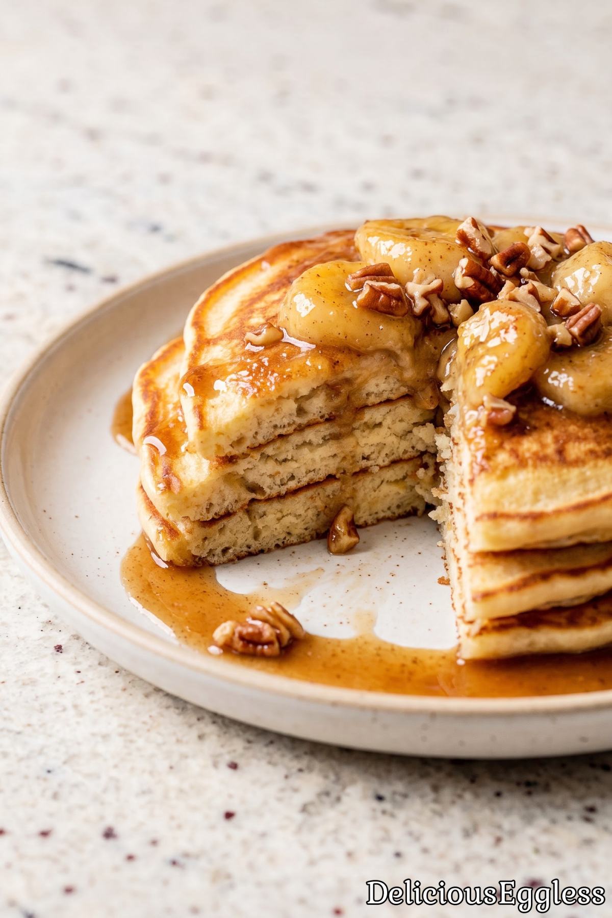 Classic eggless bananas foster pancakes