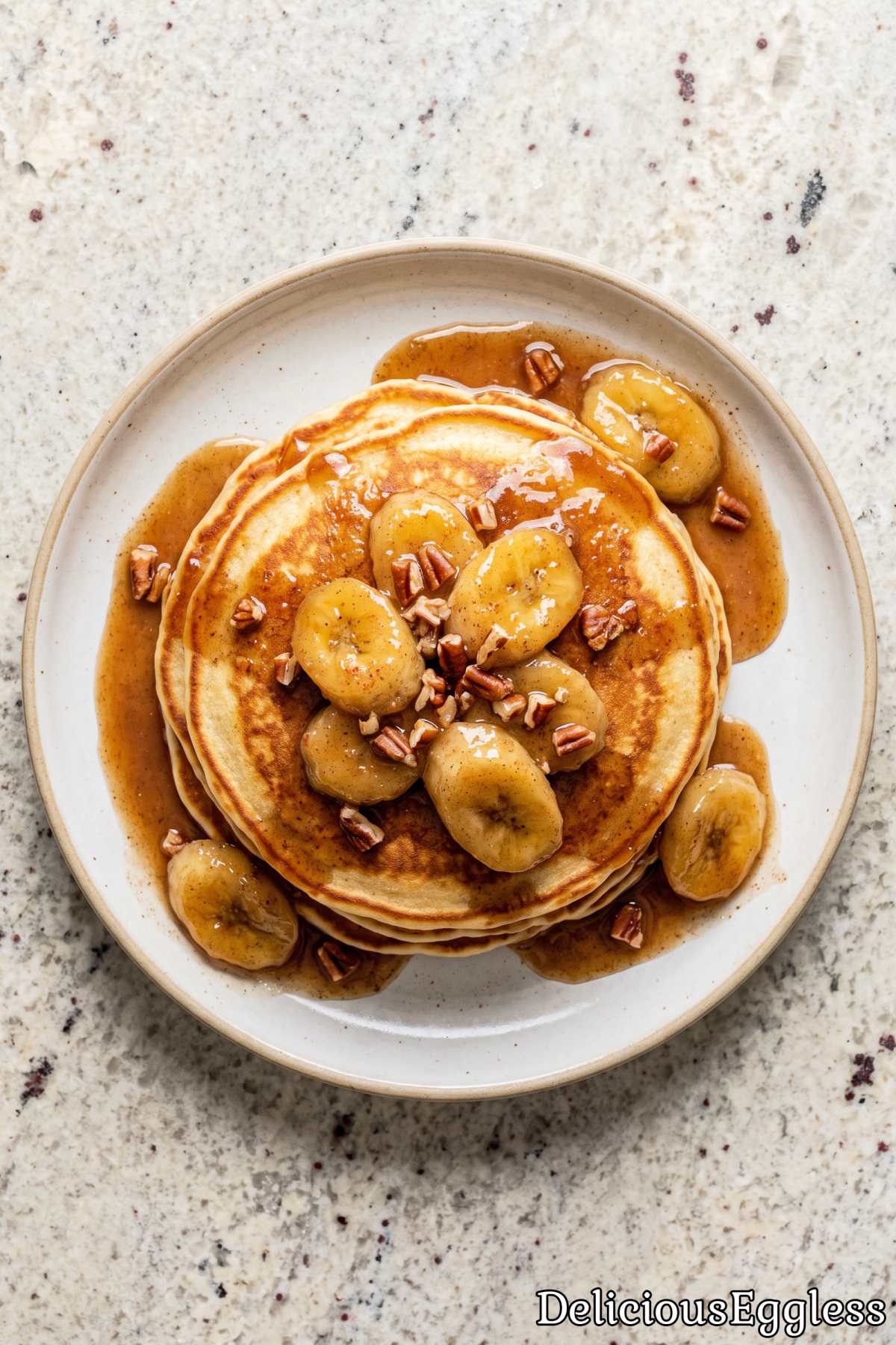 Easy eggless bananas foster pancake stack
