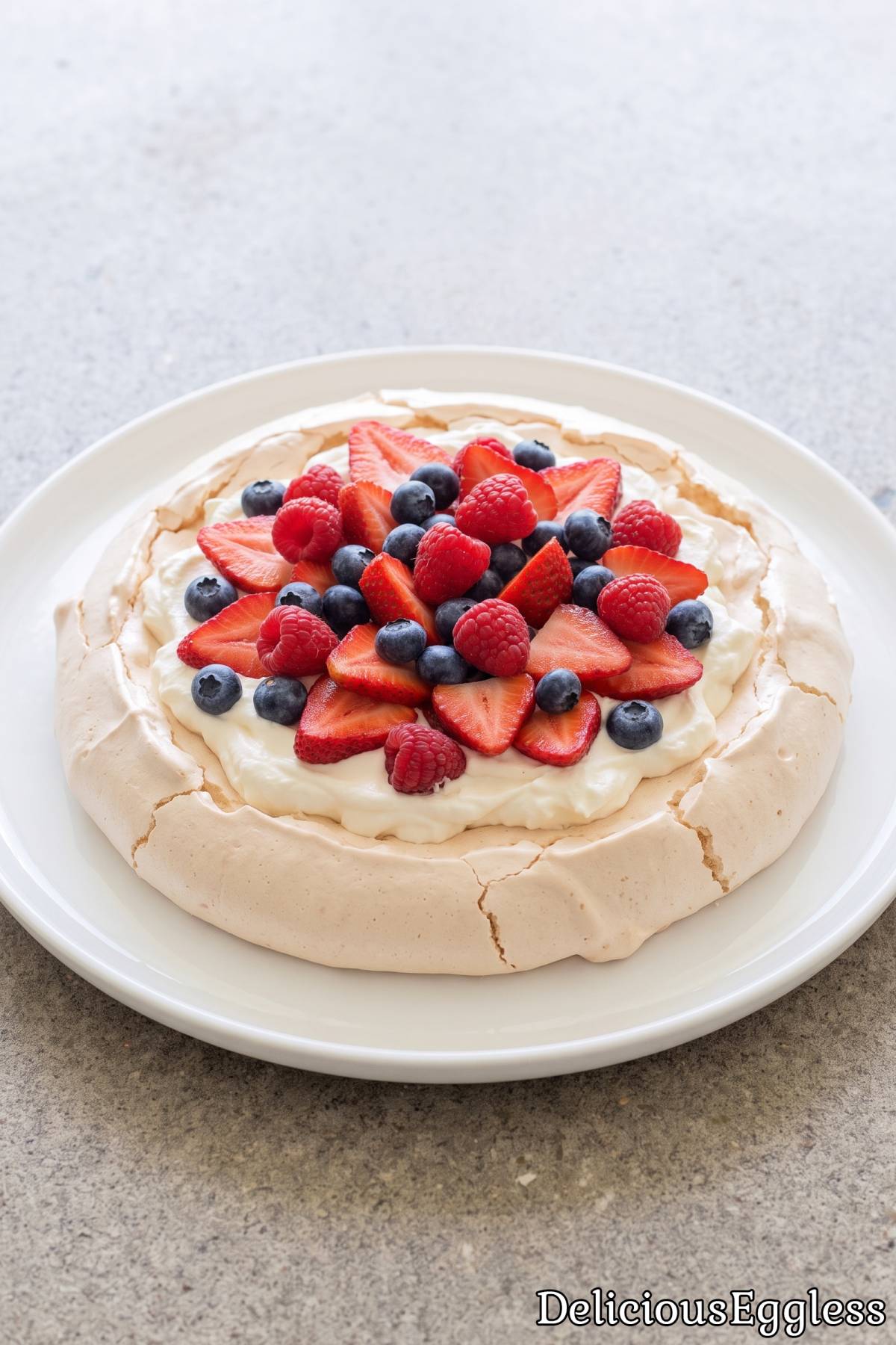 Easy eggless berry pavlova dessert