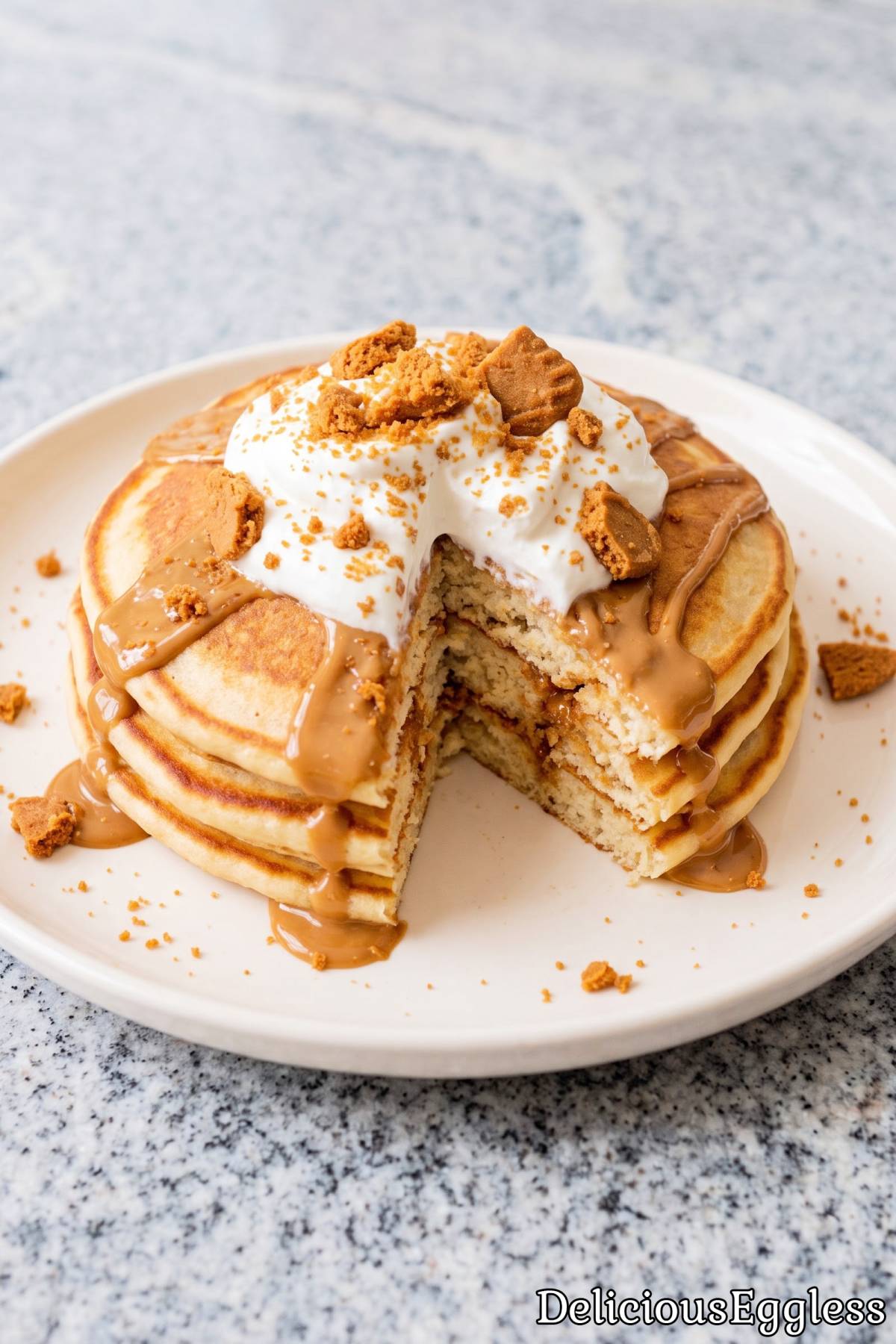 Delicious eggless cookie butter pancakes