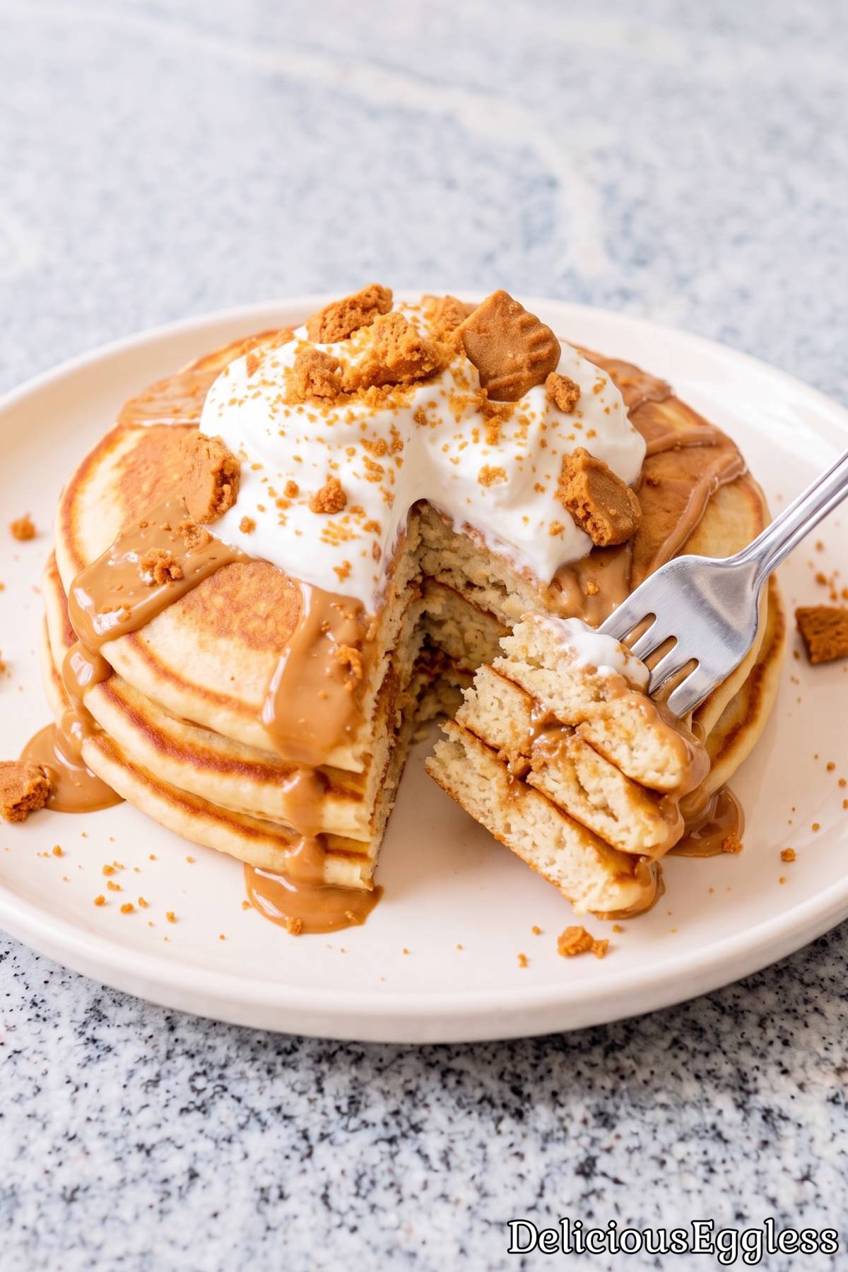 Tasty eggless Biscoff pancake stack