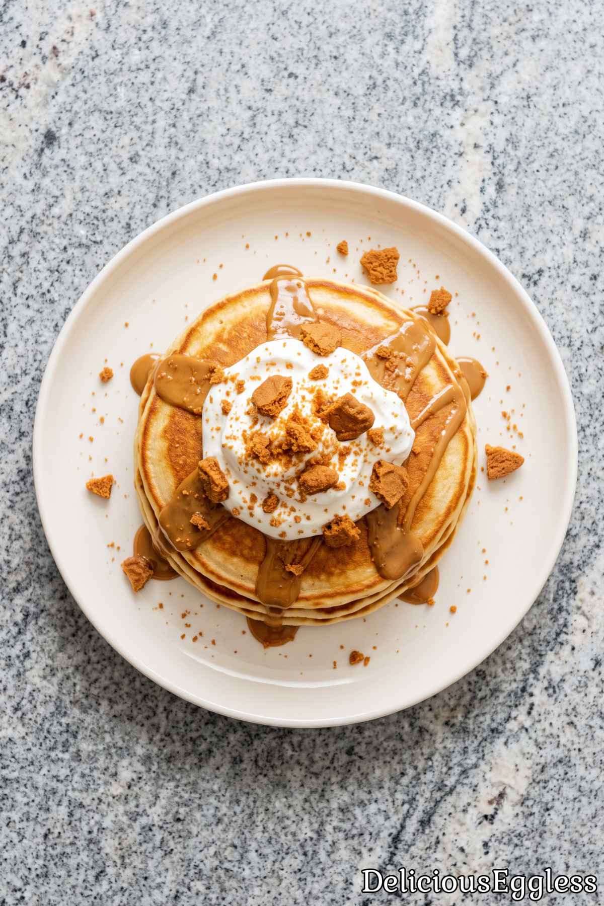 Fresh eggless pancakes topped with Biscoff