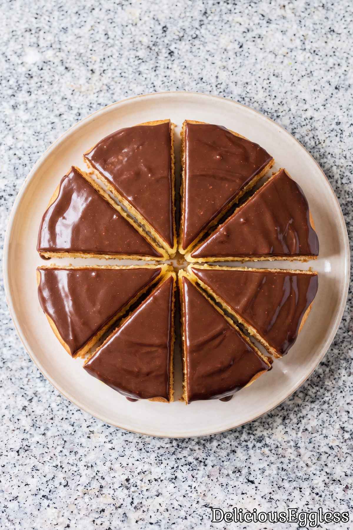 Simple eggless Boston cream pie recipe.