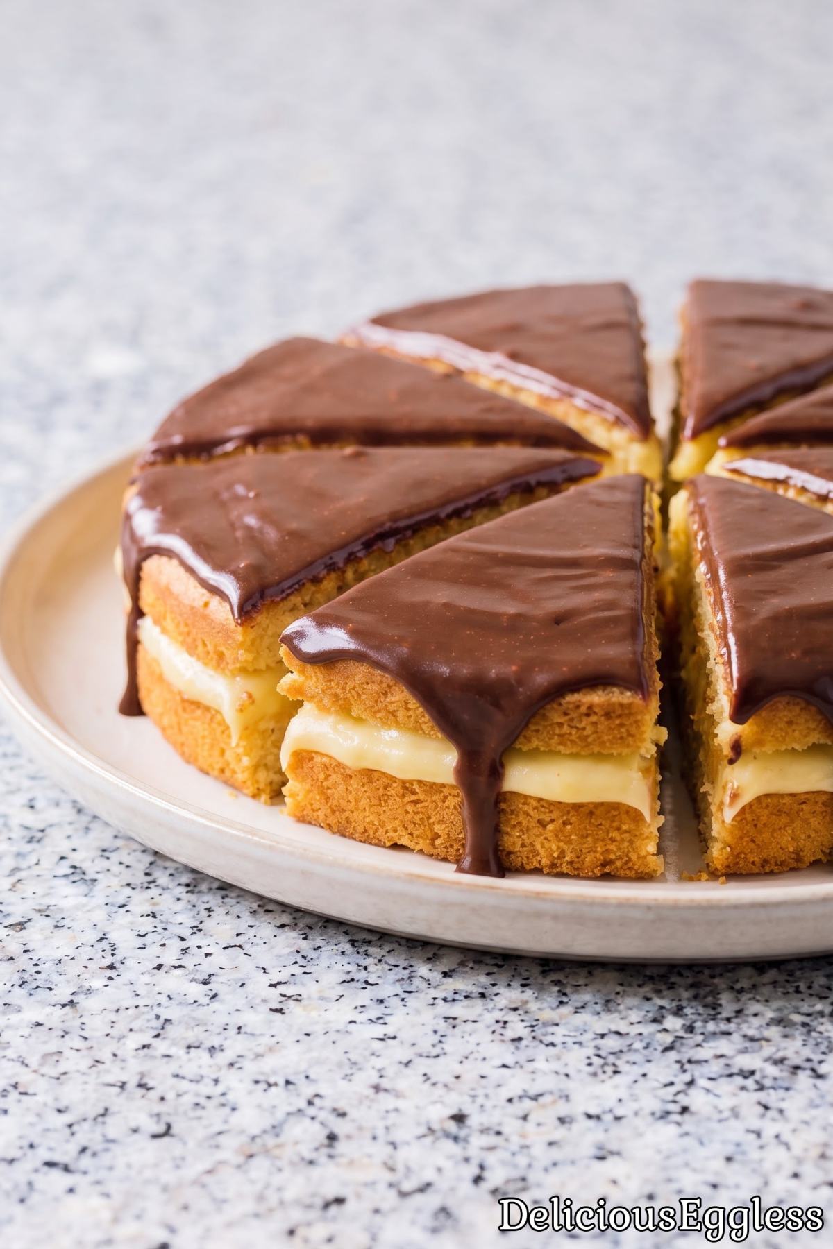 Fresh homemade eggless Boston cream pie.