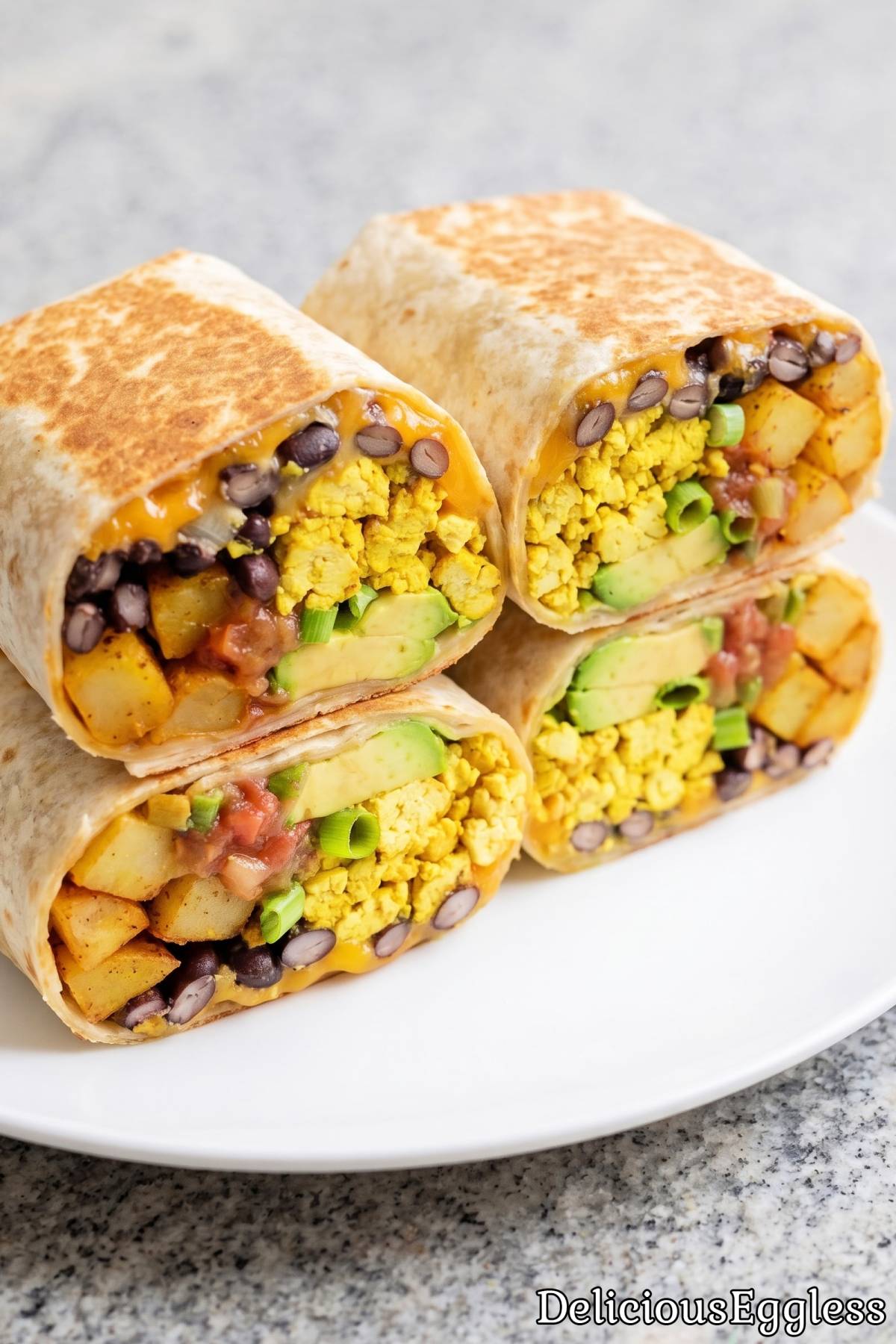 Crispy golden eggless breakfast burritos