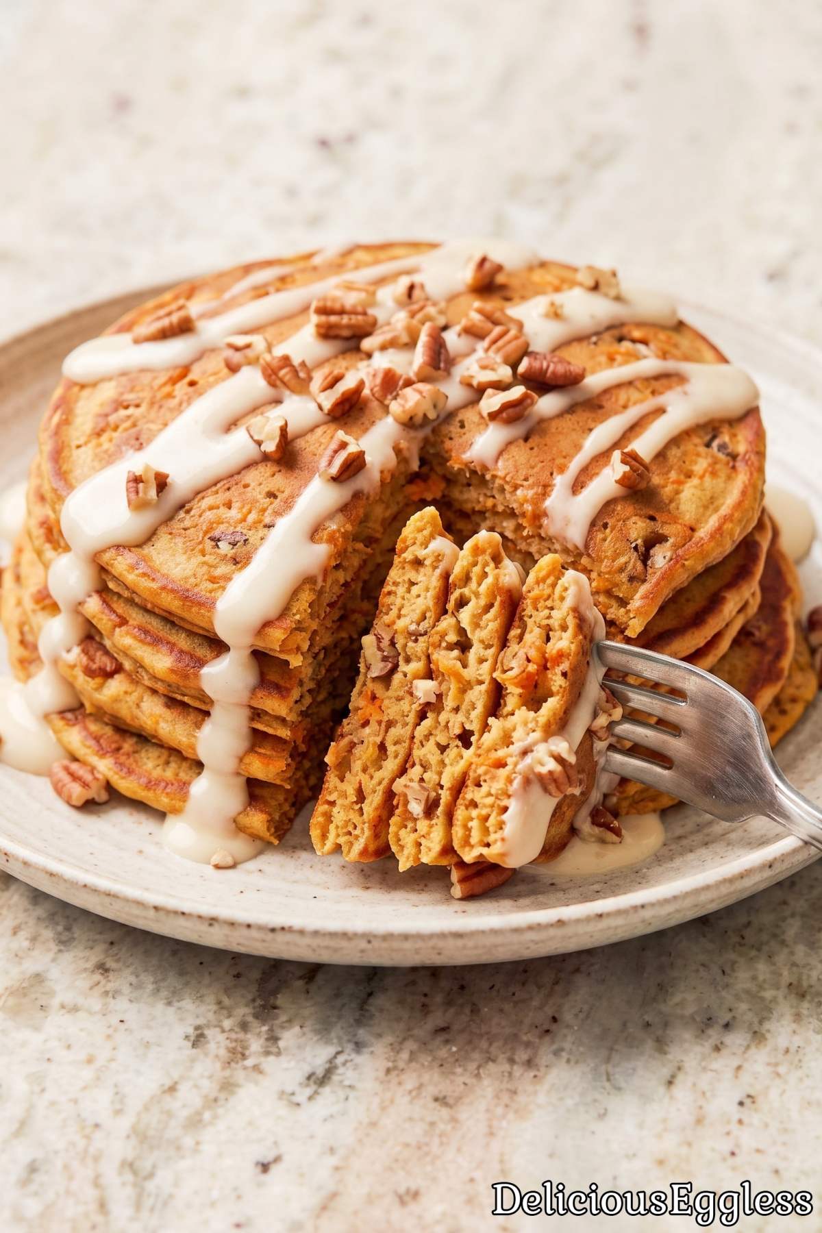 Tender eggless carrot cake pancakes