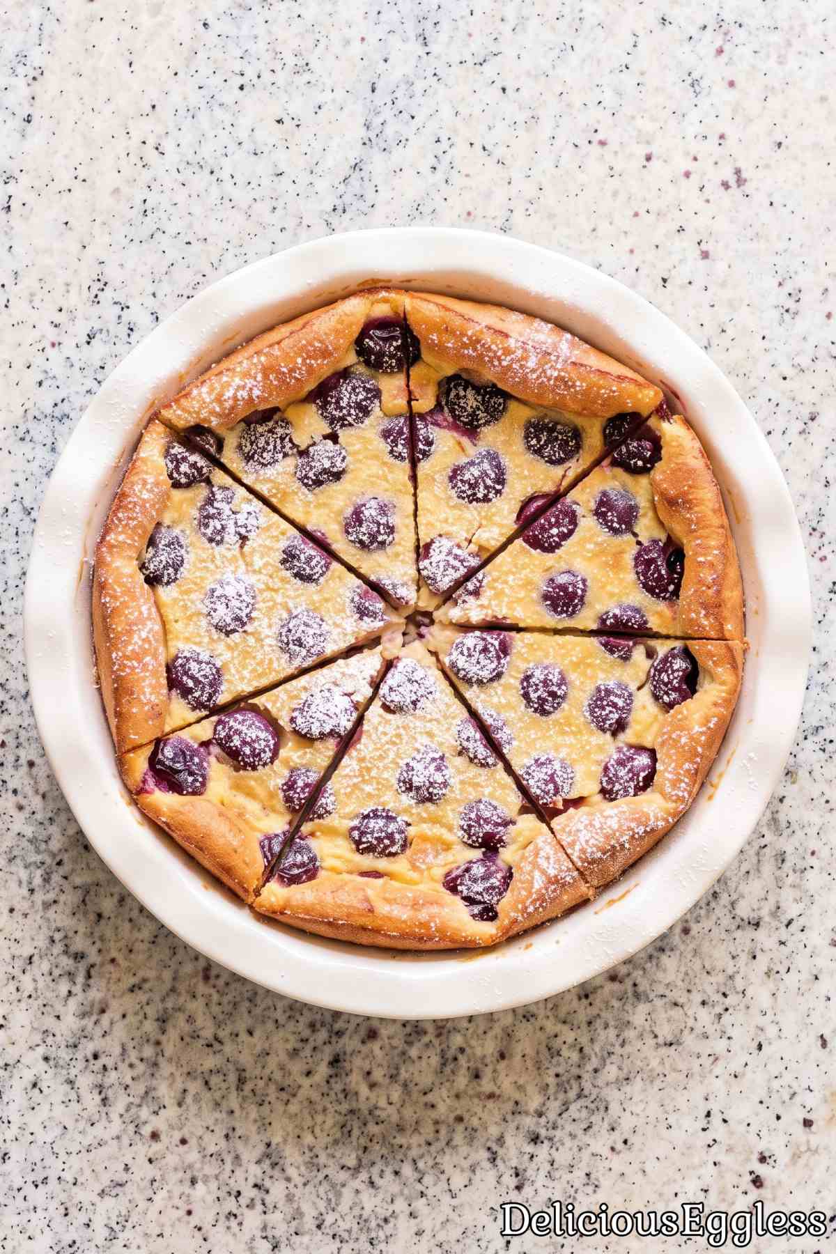 Sweet eggless cherry clafoutis with ripe fruit