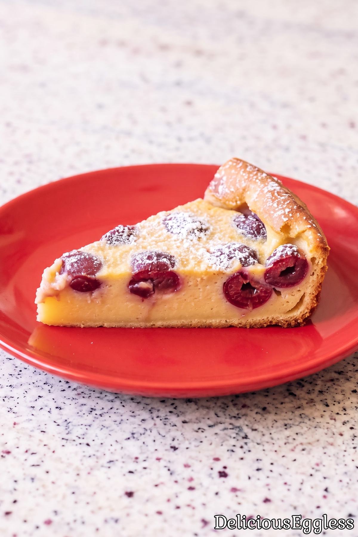 Juicy eggless cherry clafoutis dusted in sugar