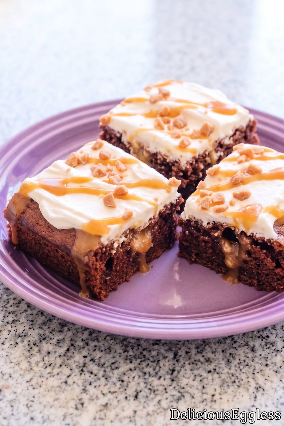 Sweet chocolate caramel poke cake slice
