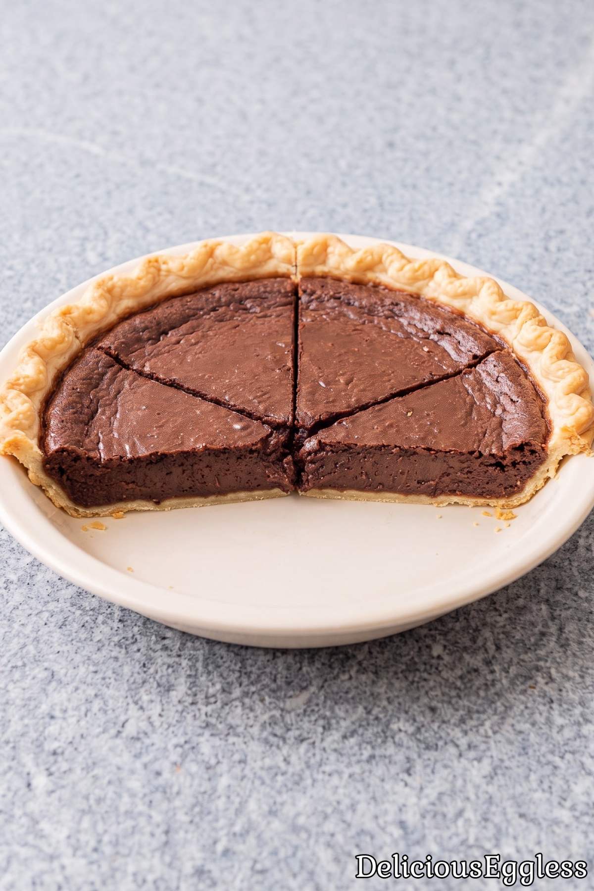 Slice of rich eggless chocolate chess pie