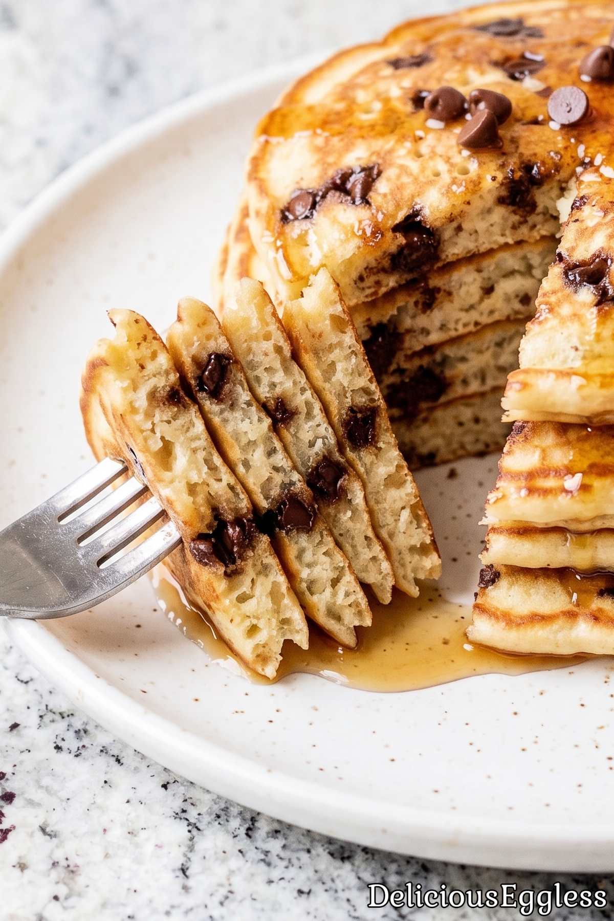 Golden eggless chocolate chip pancakes