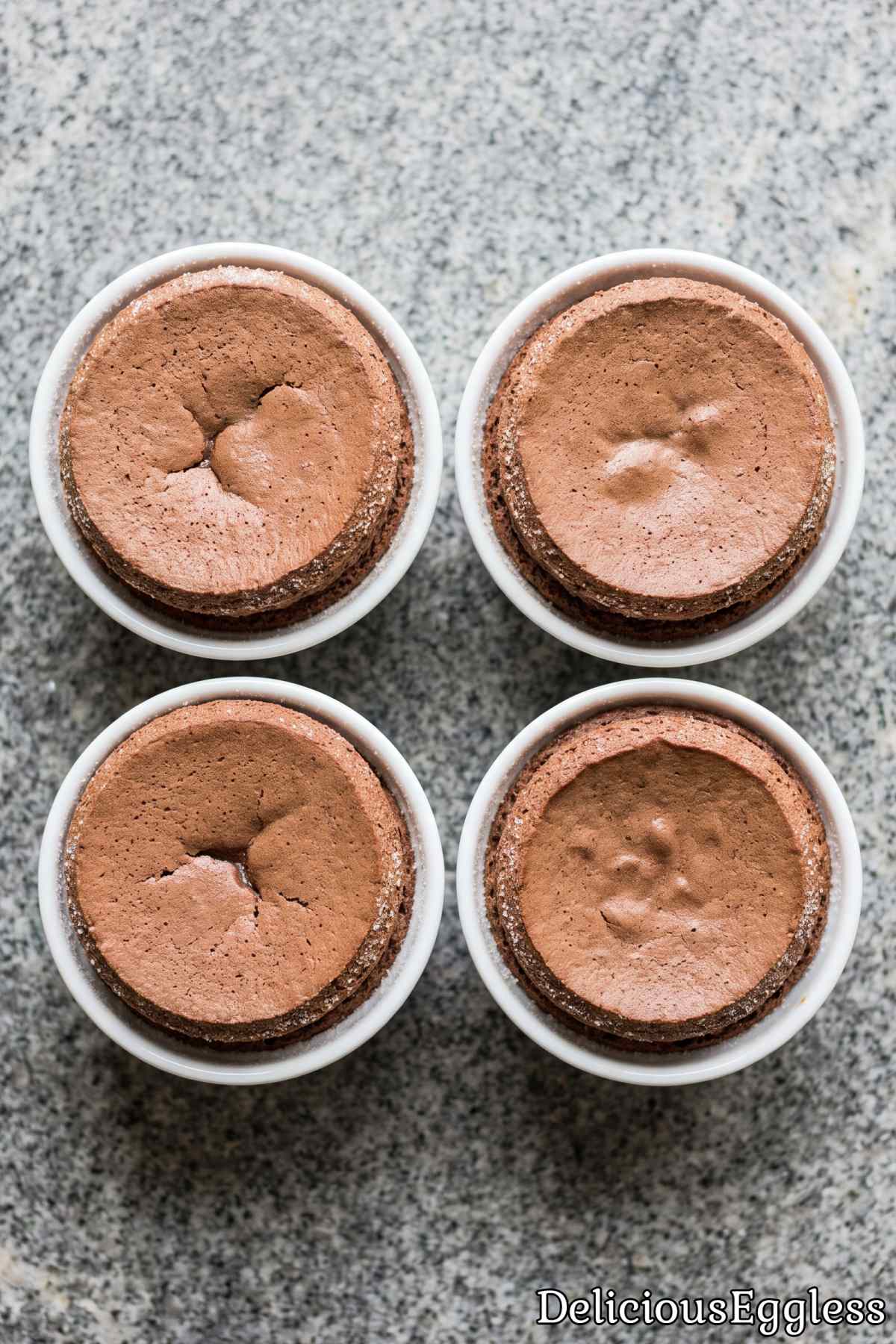 Classic eggless chocolate souffle in ramekin