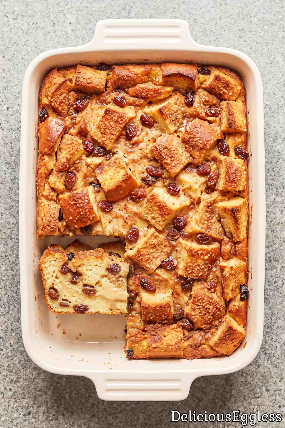 Slice of warm eggless cinnamon bread pudding