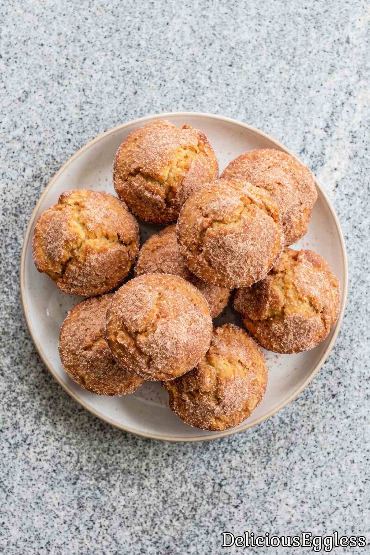 Eggless cinnamon sugar donut muffins close up
