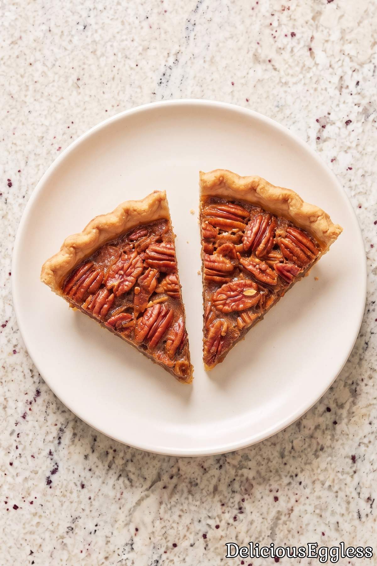 Golden eggless classic southern pecan pie.