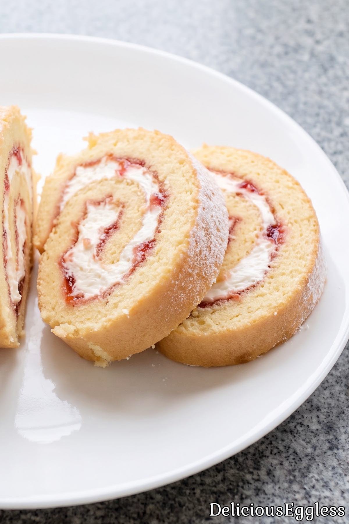 Dusted eggless classic Swiss roll cake