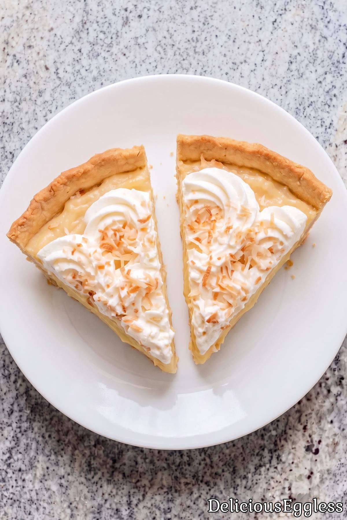 Sweet eggless coconut pie topped with flakes.
