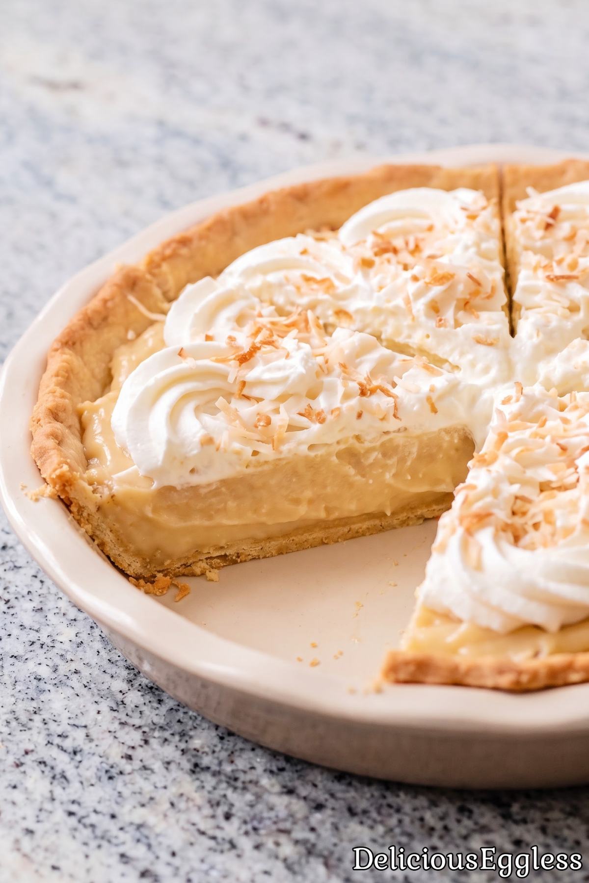 A tasty slice of eggless coconut pie.