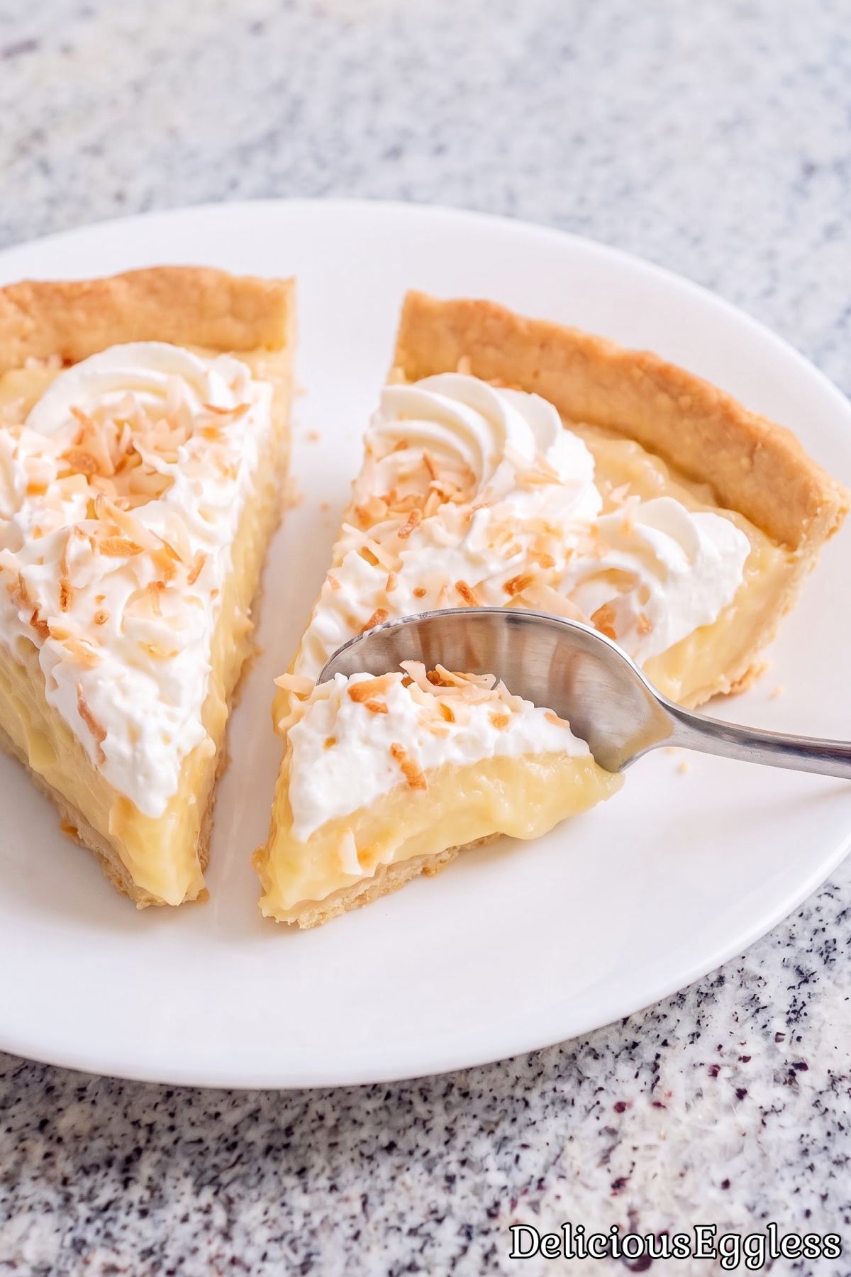 Easy homemade eggless coconut cream pie.