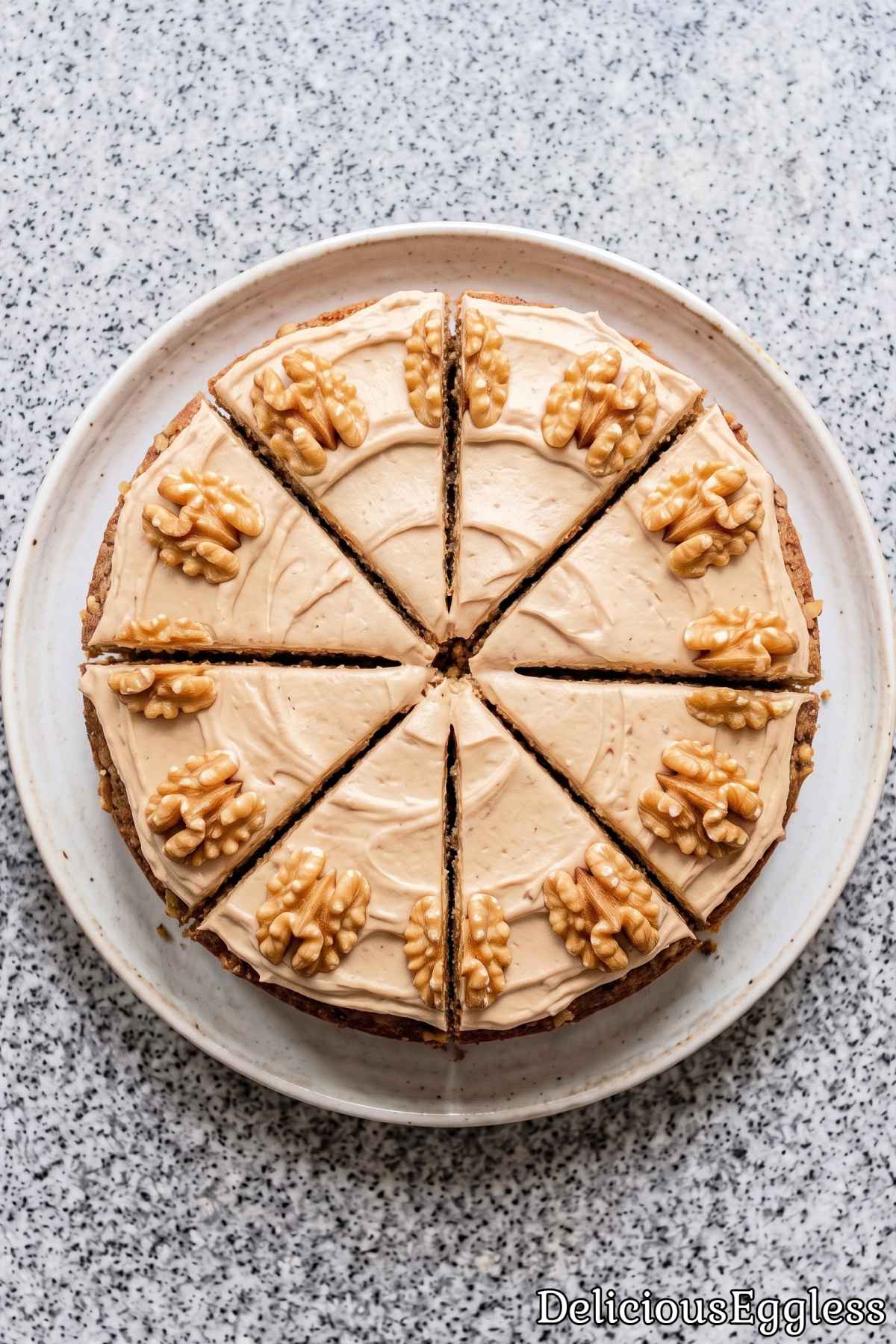 Rustic eggless coffee and walnut cake