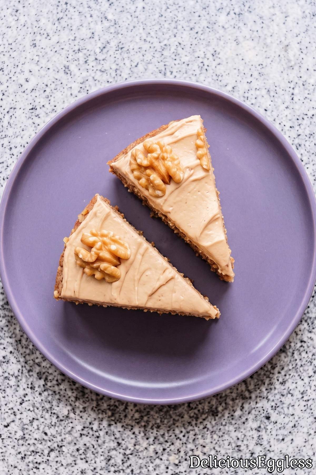 Soft slice of egg free coffee walnut cake