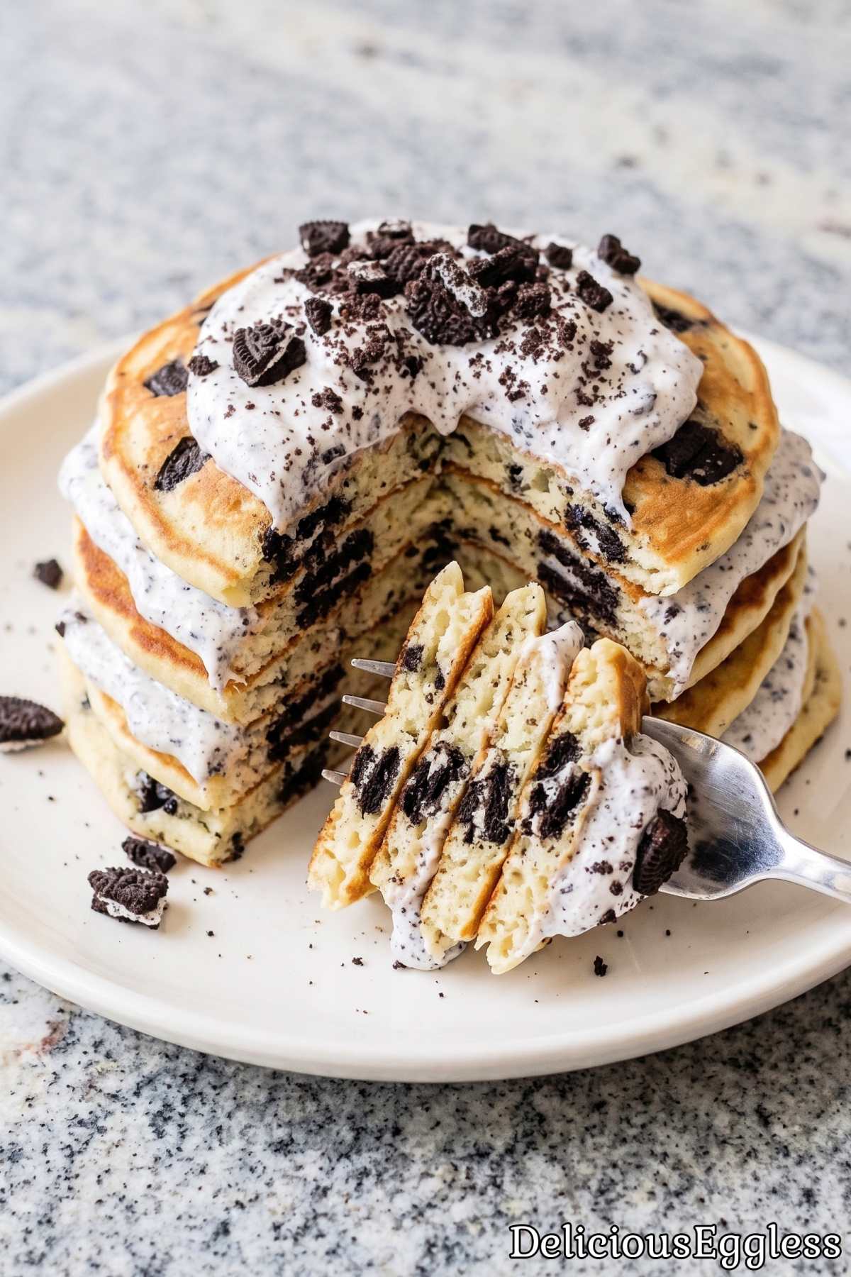 Eggless chocolate cookie crumb pancakes