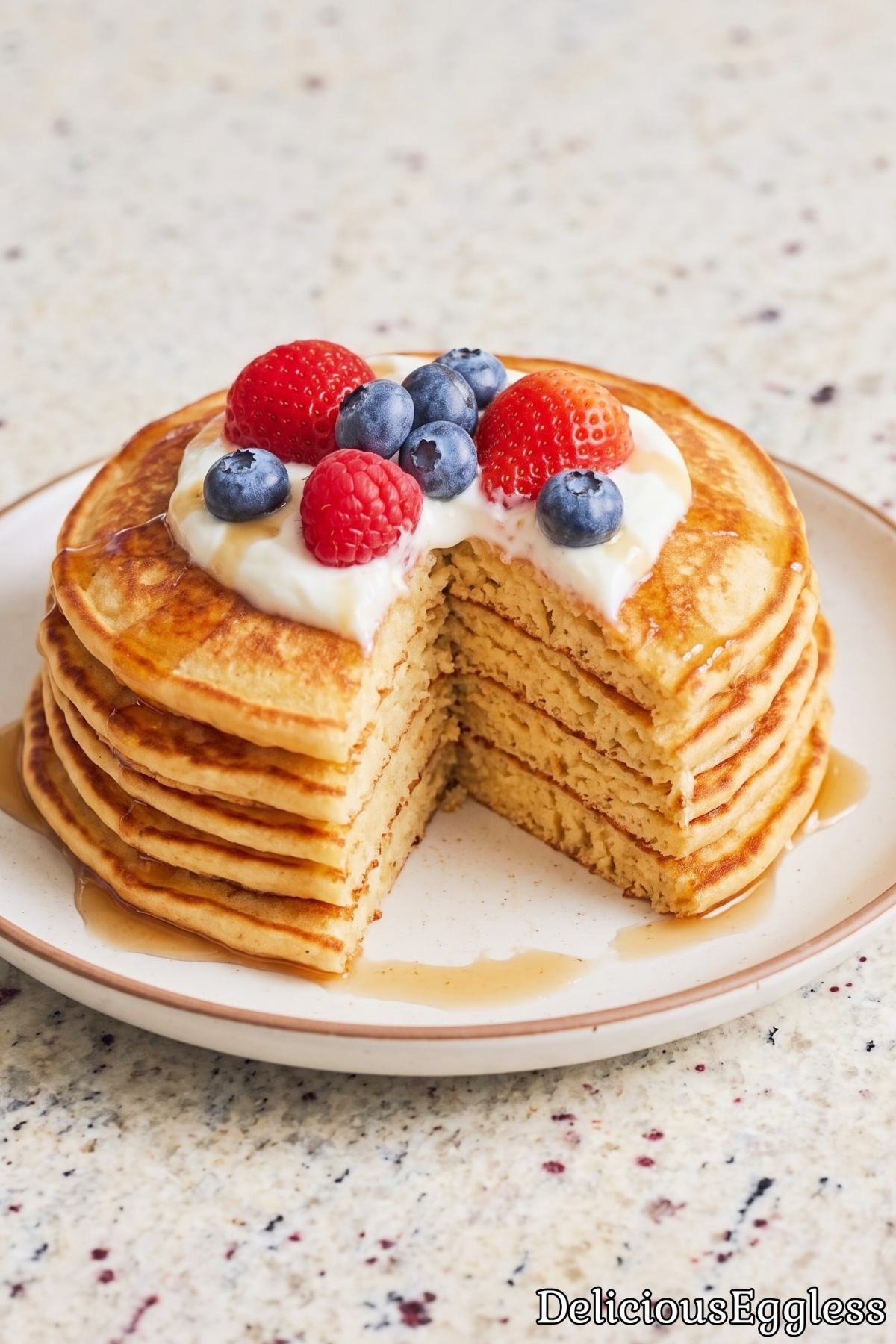 Stack of warm eggless protein pancakes
