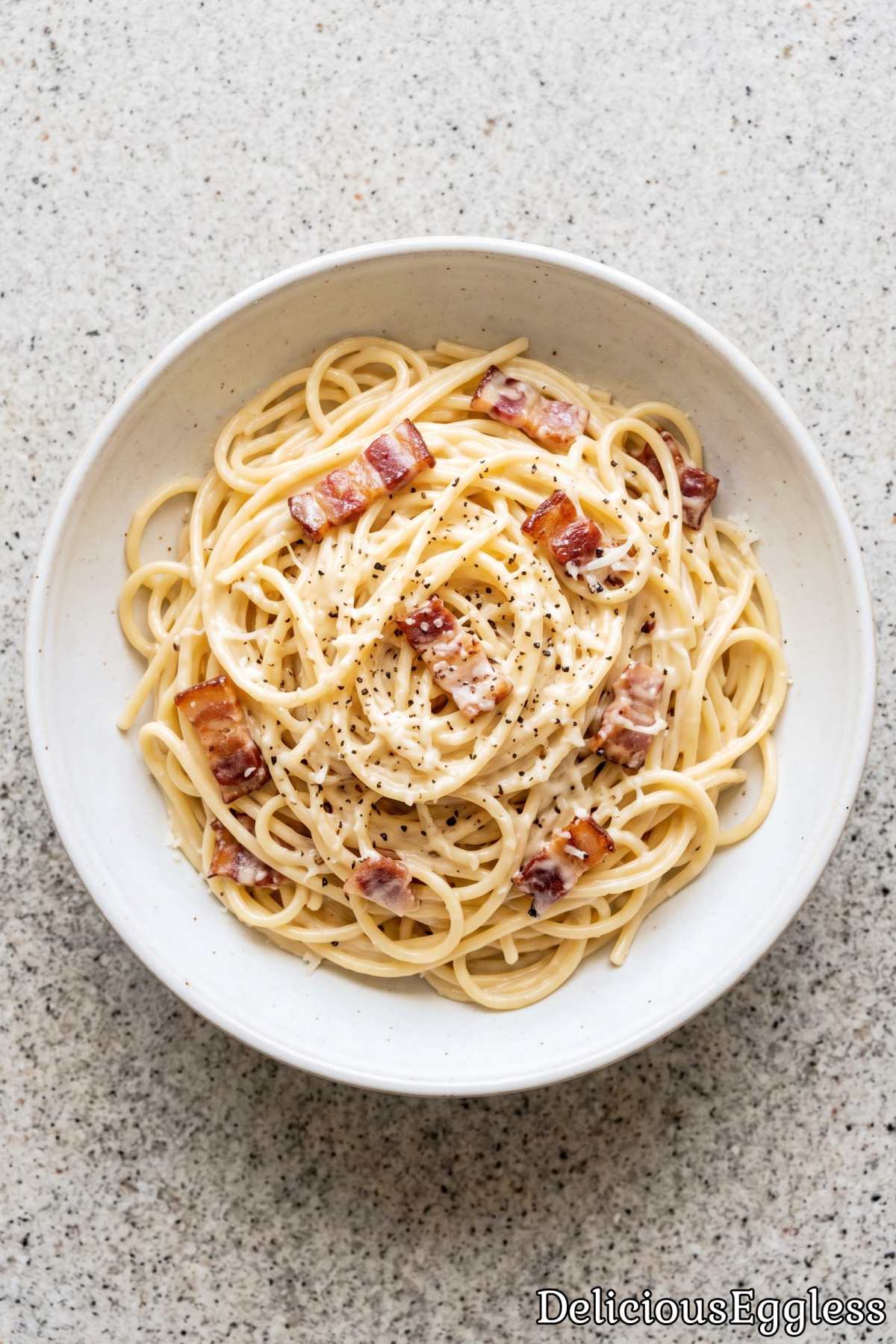 Plate of warm eggless carbonara