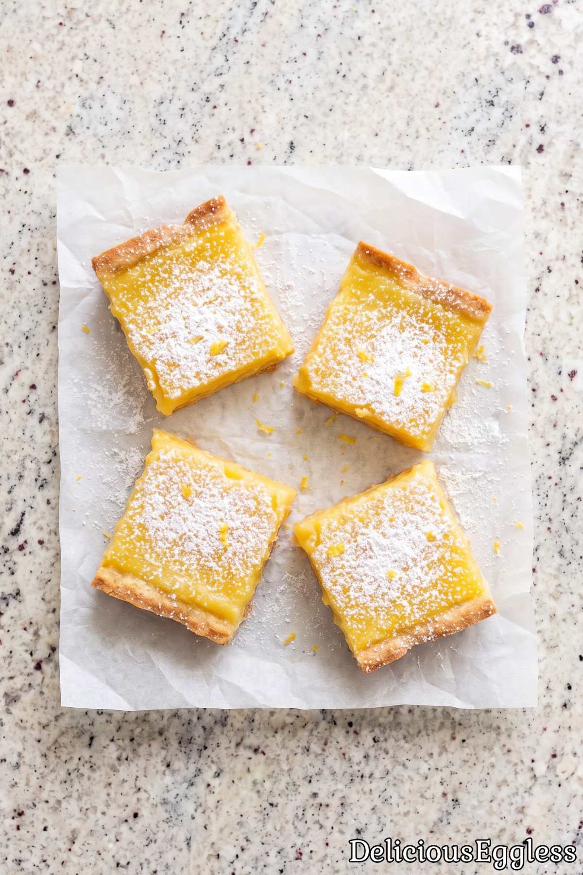 Creamy eggless lemon bars on a plate