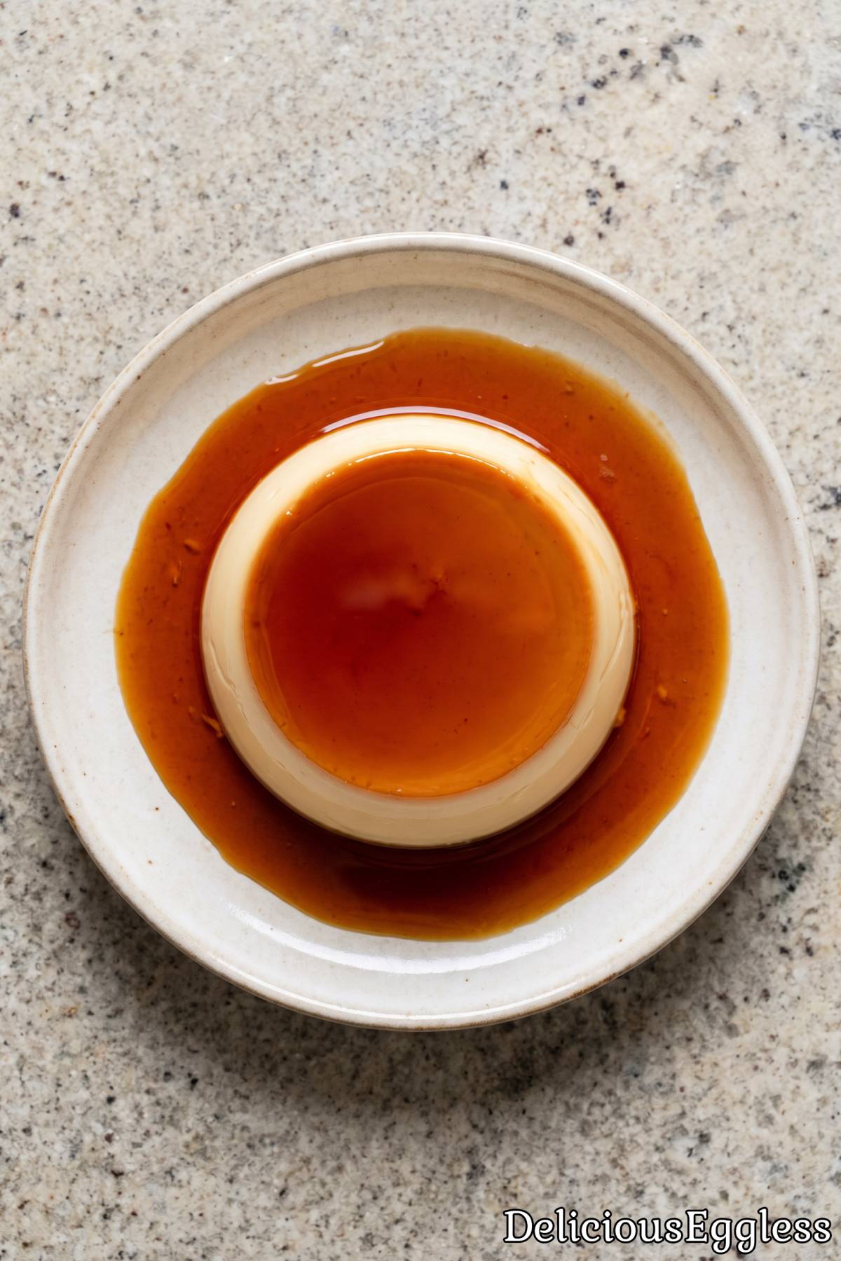 Smooth eggless flan topped with caramel