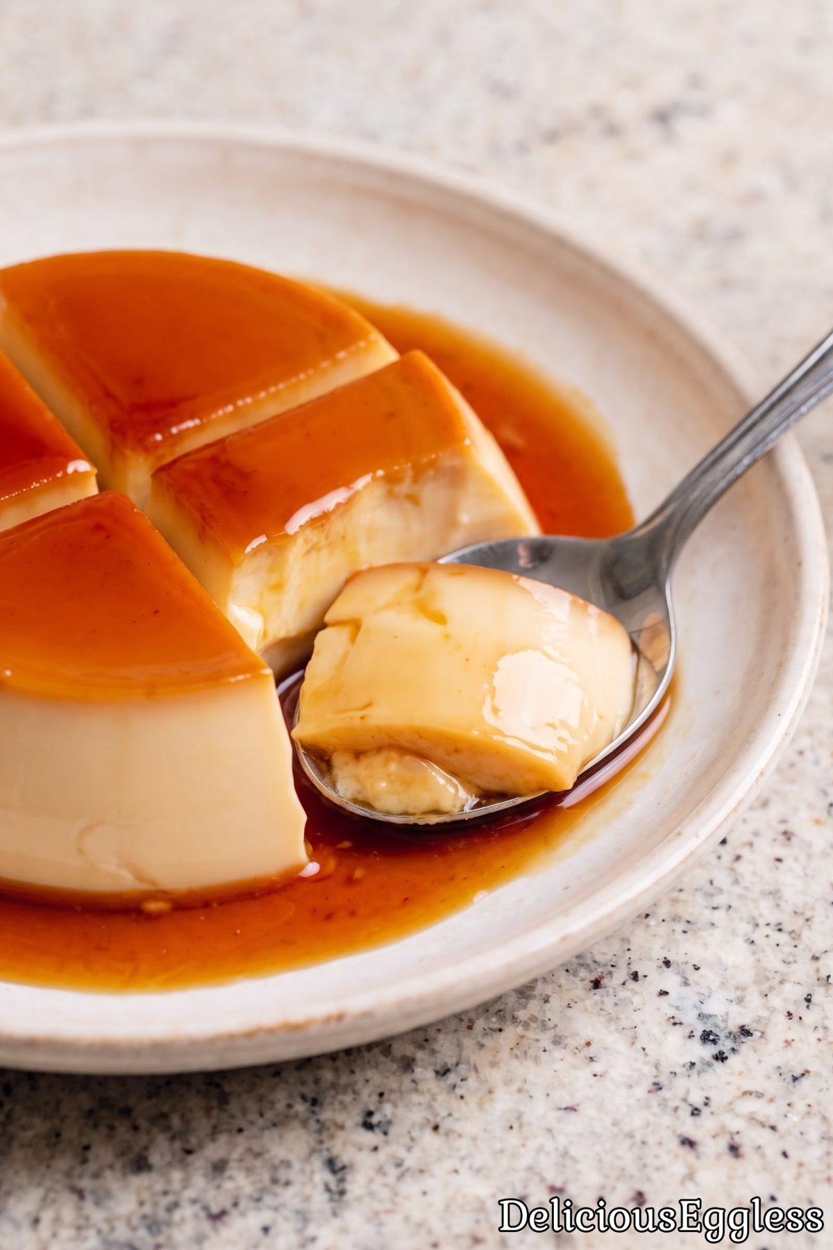 Rich eggless creme caramel with sweet syrup