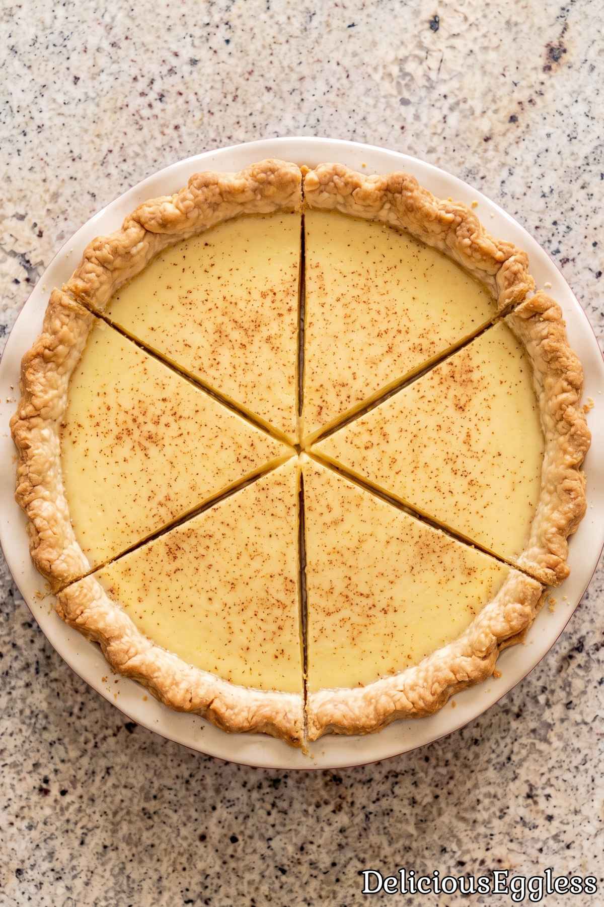 Fresh eggless custard pie with golden crust.