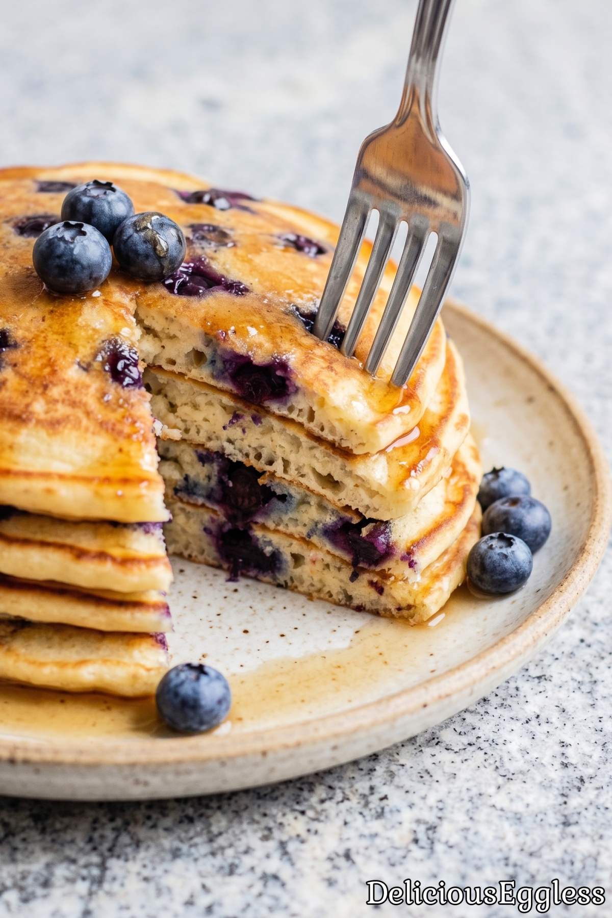 Eggless fluffy blueberry pancakes stack