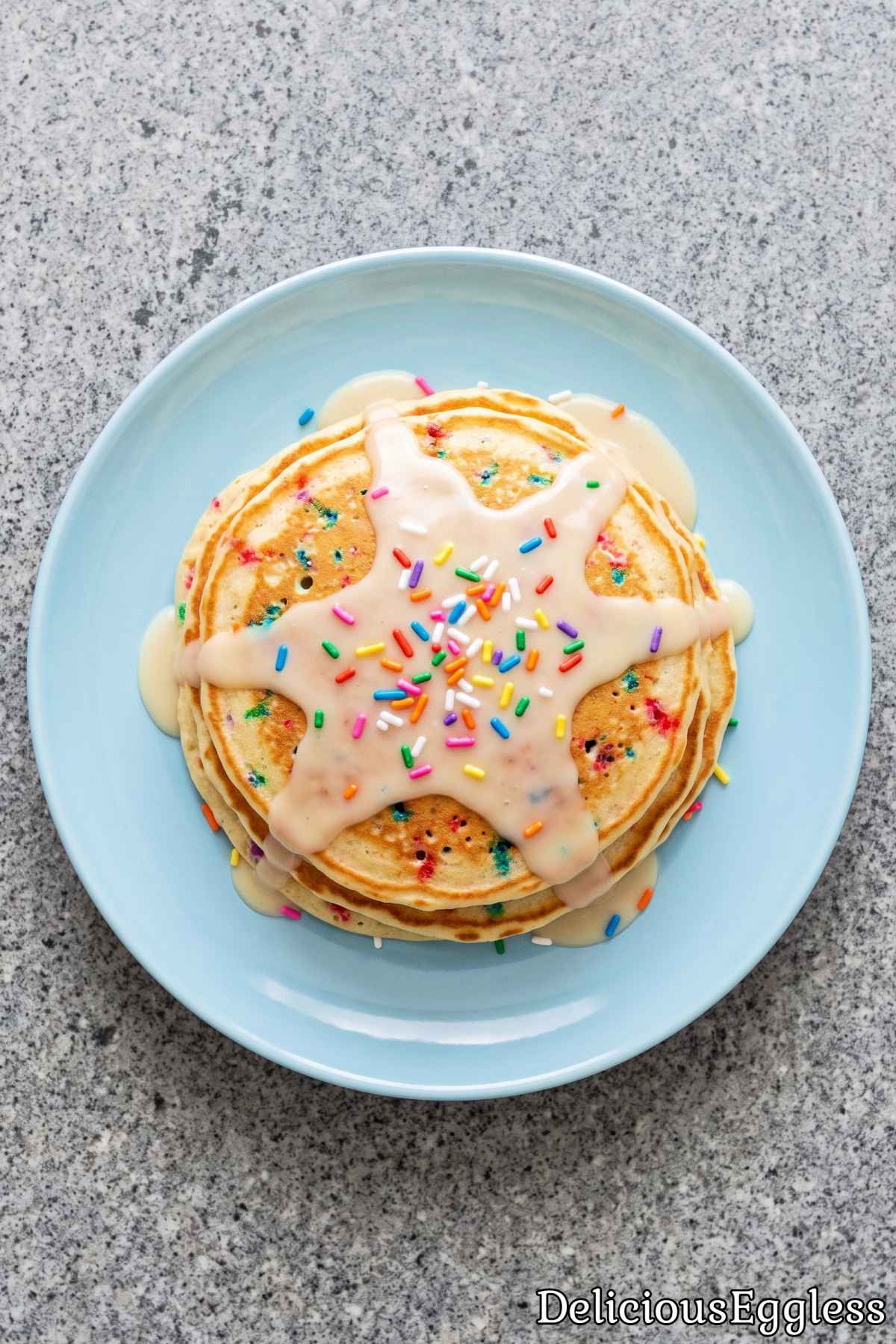 Warm homemade eggless funfetti pancakes