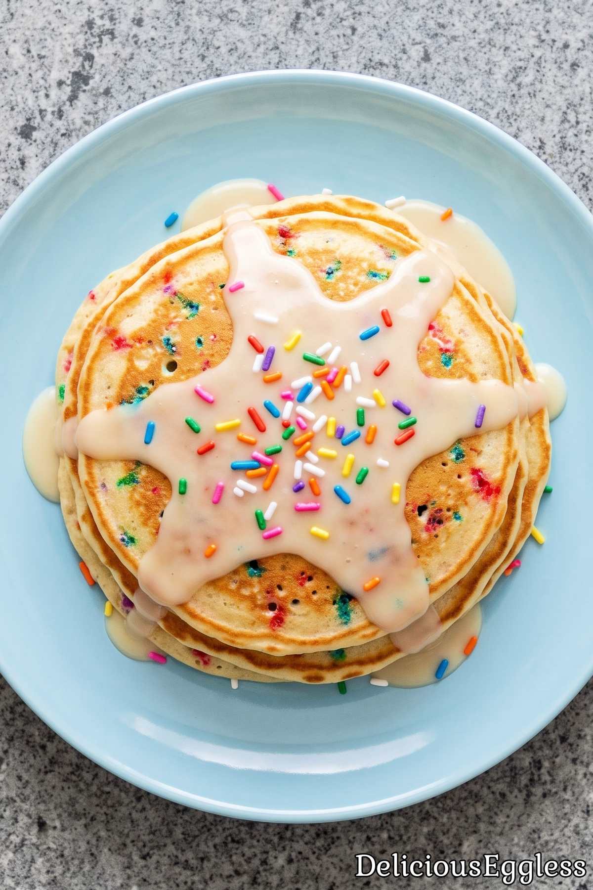 Easy eggless sprinkle pancake stack