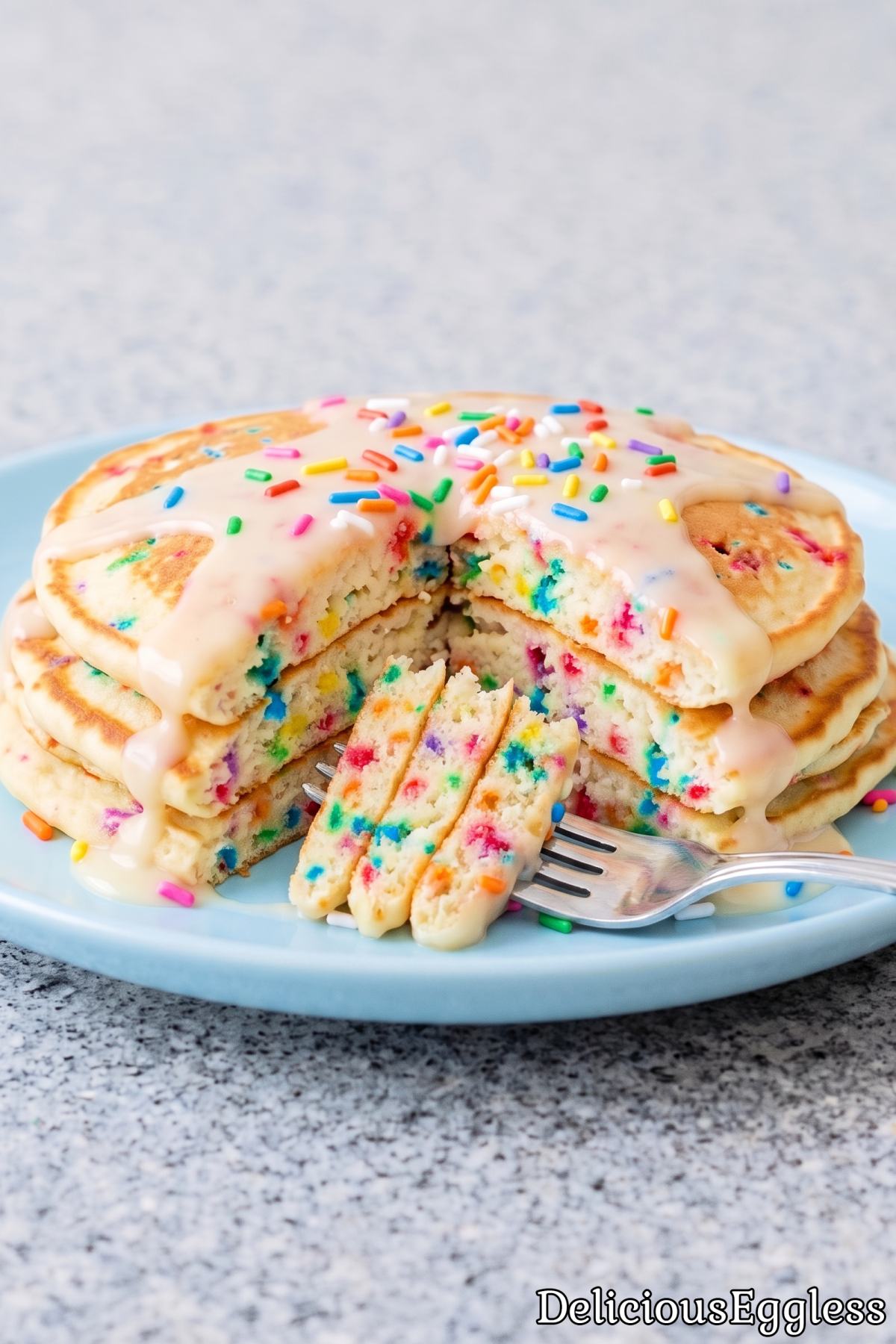 Stack of eggless funfetti pancakes