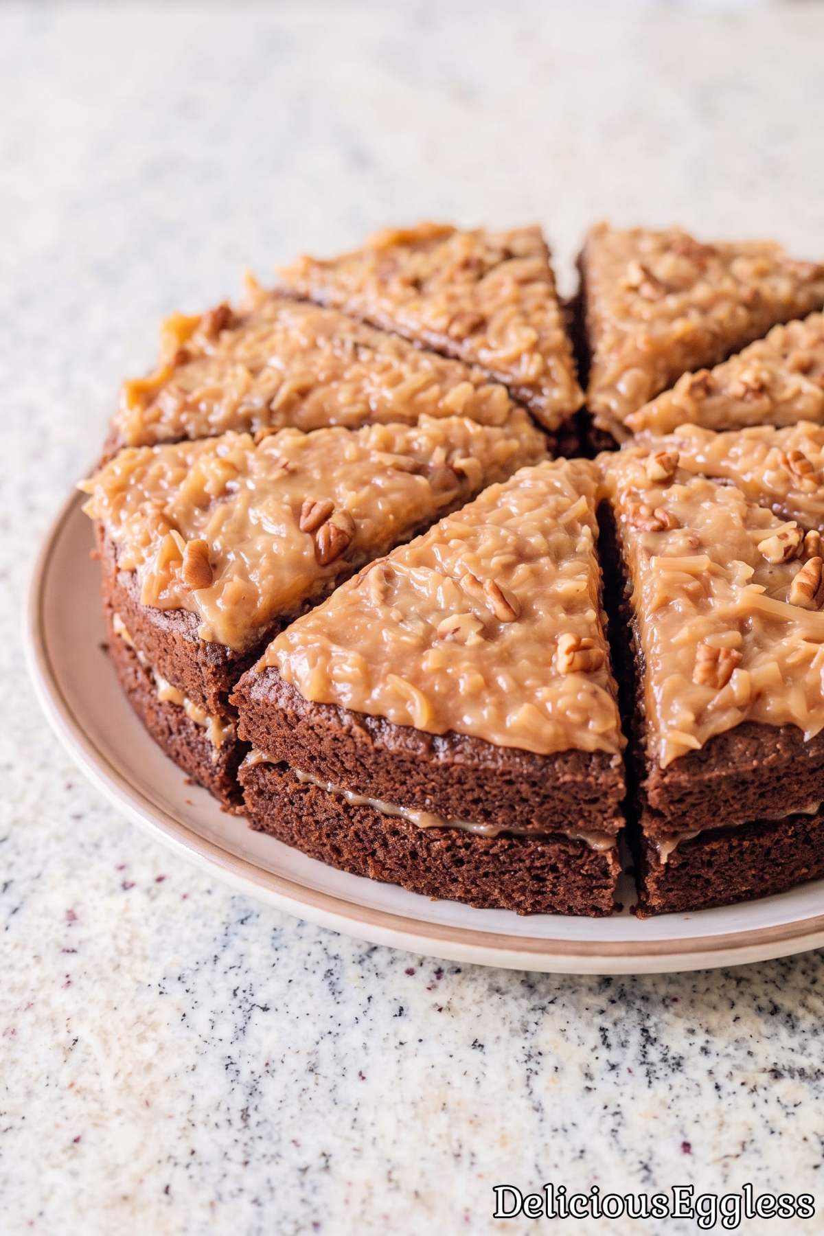 Rich eggless German chocolate cake slice