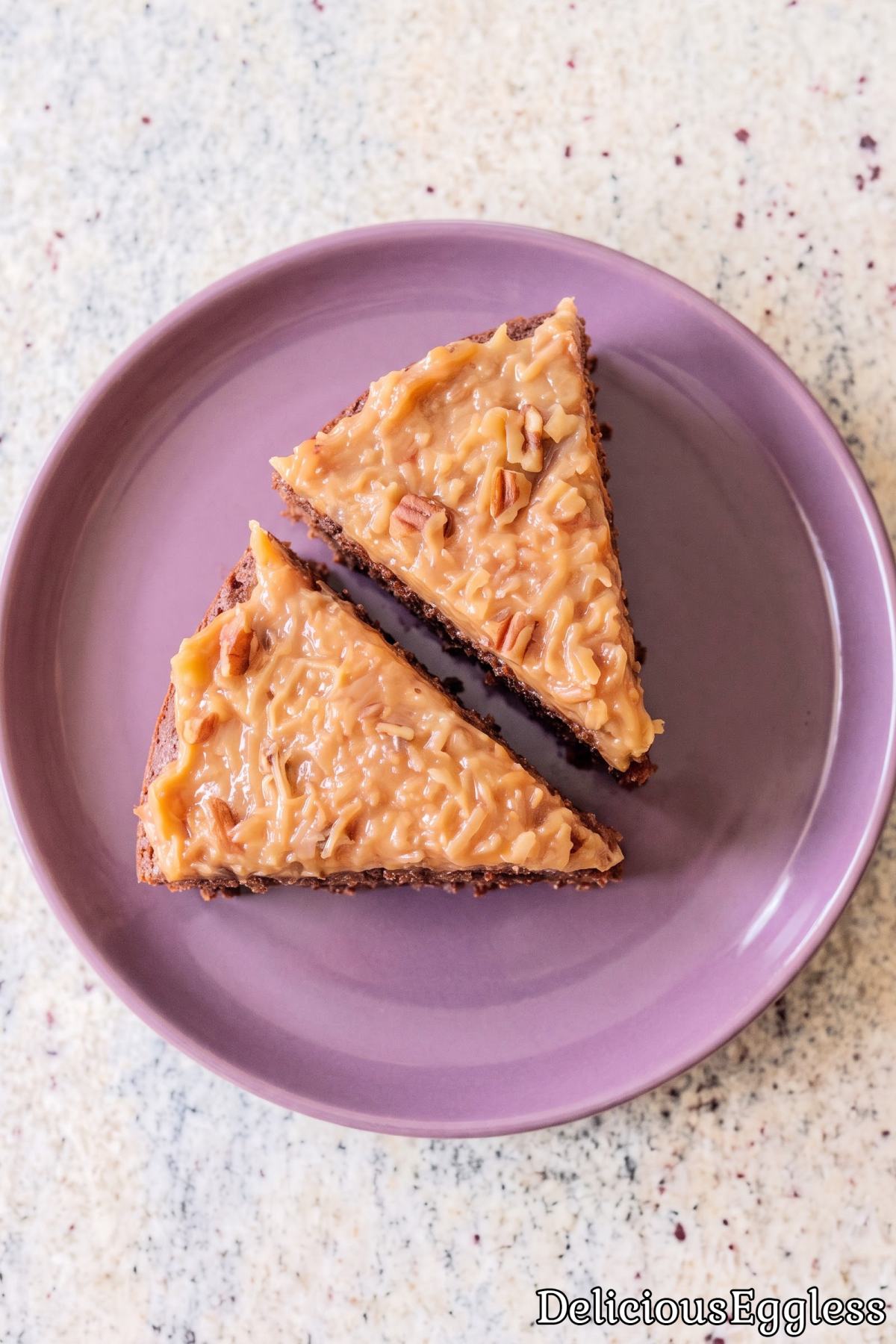 Slice of eggless German chocolate cake