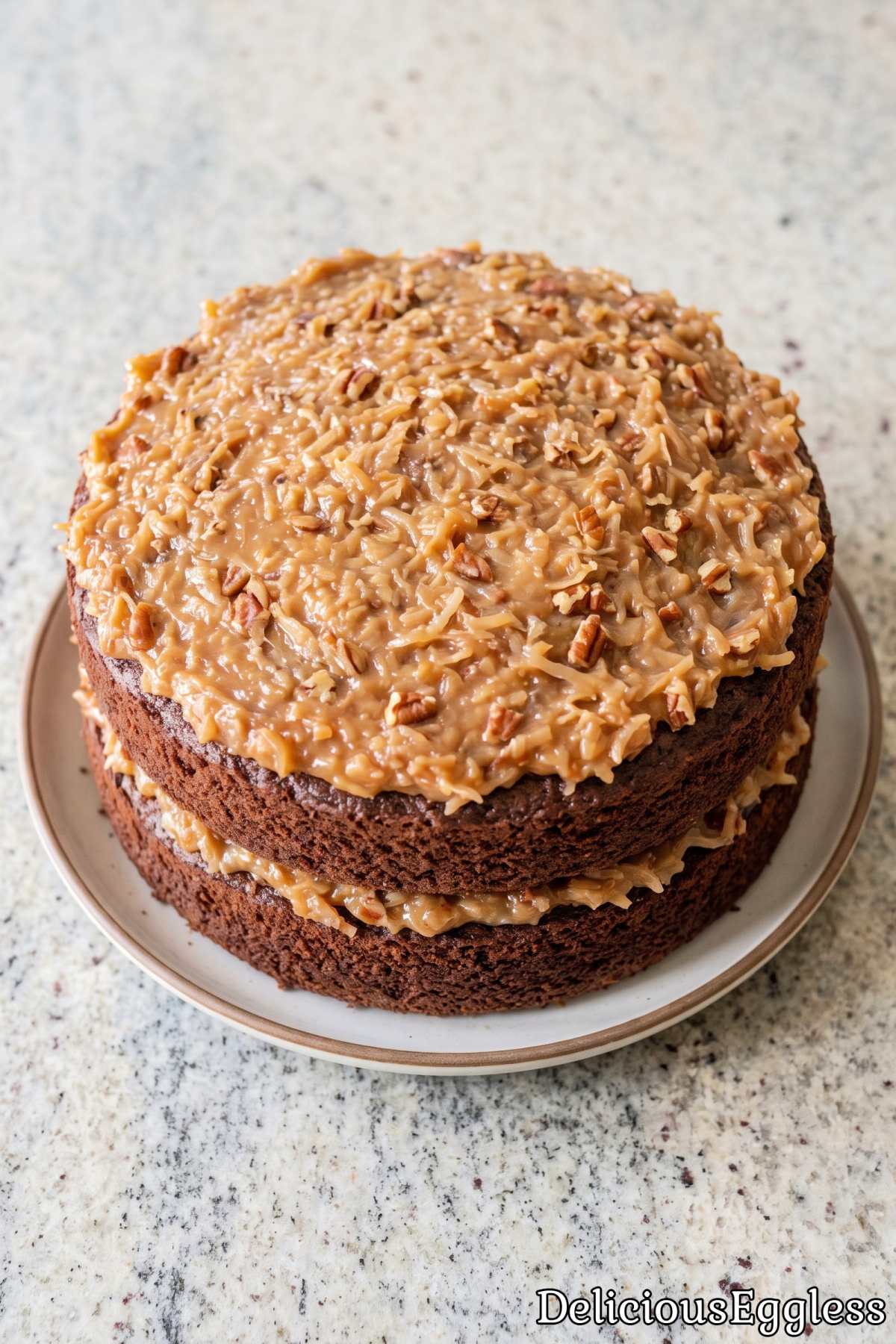 Homemade eggless German chocolate cake