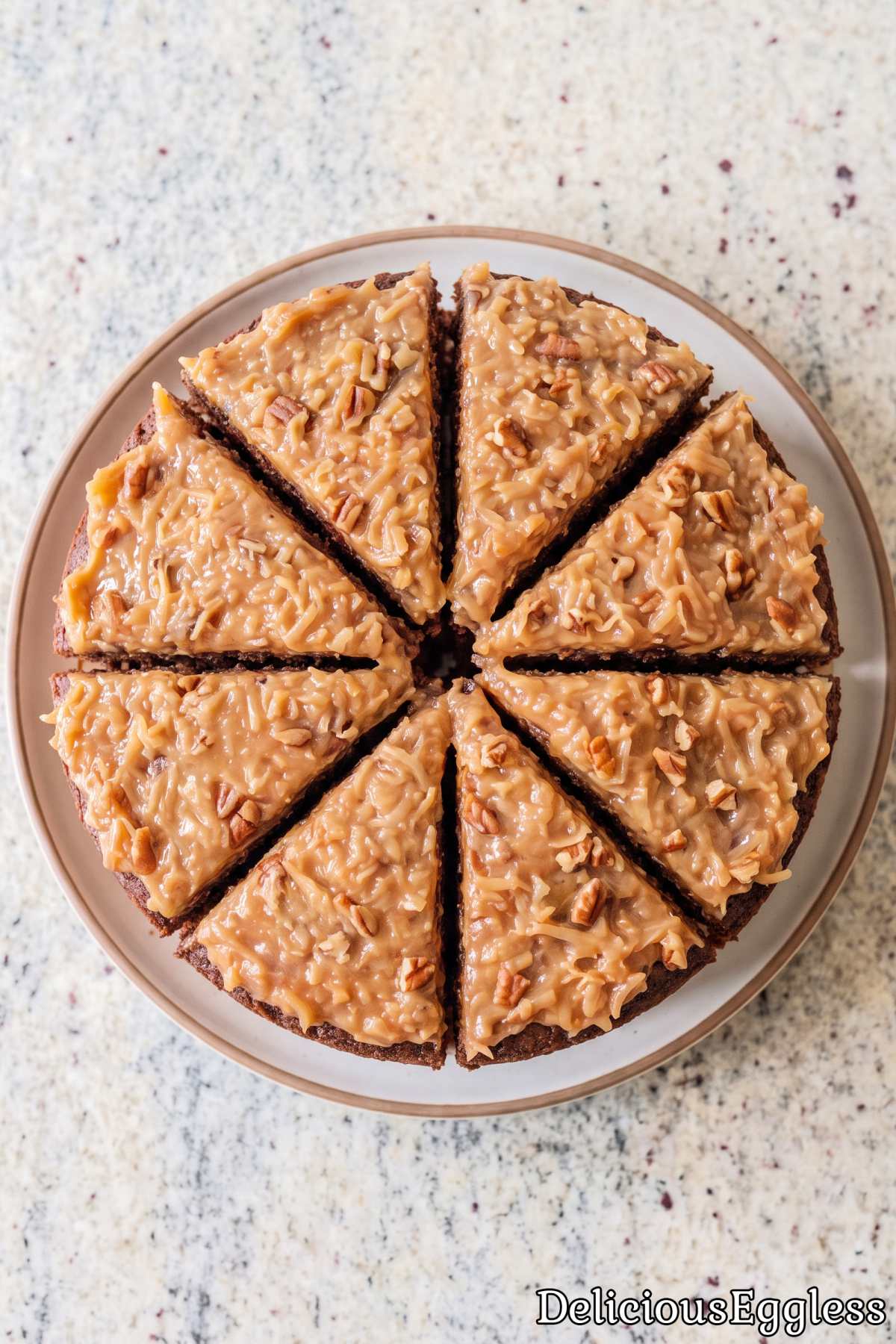 Easy eggless German chocolate cake slice