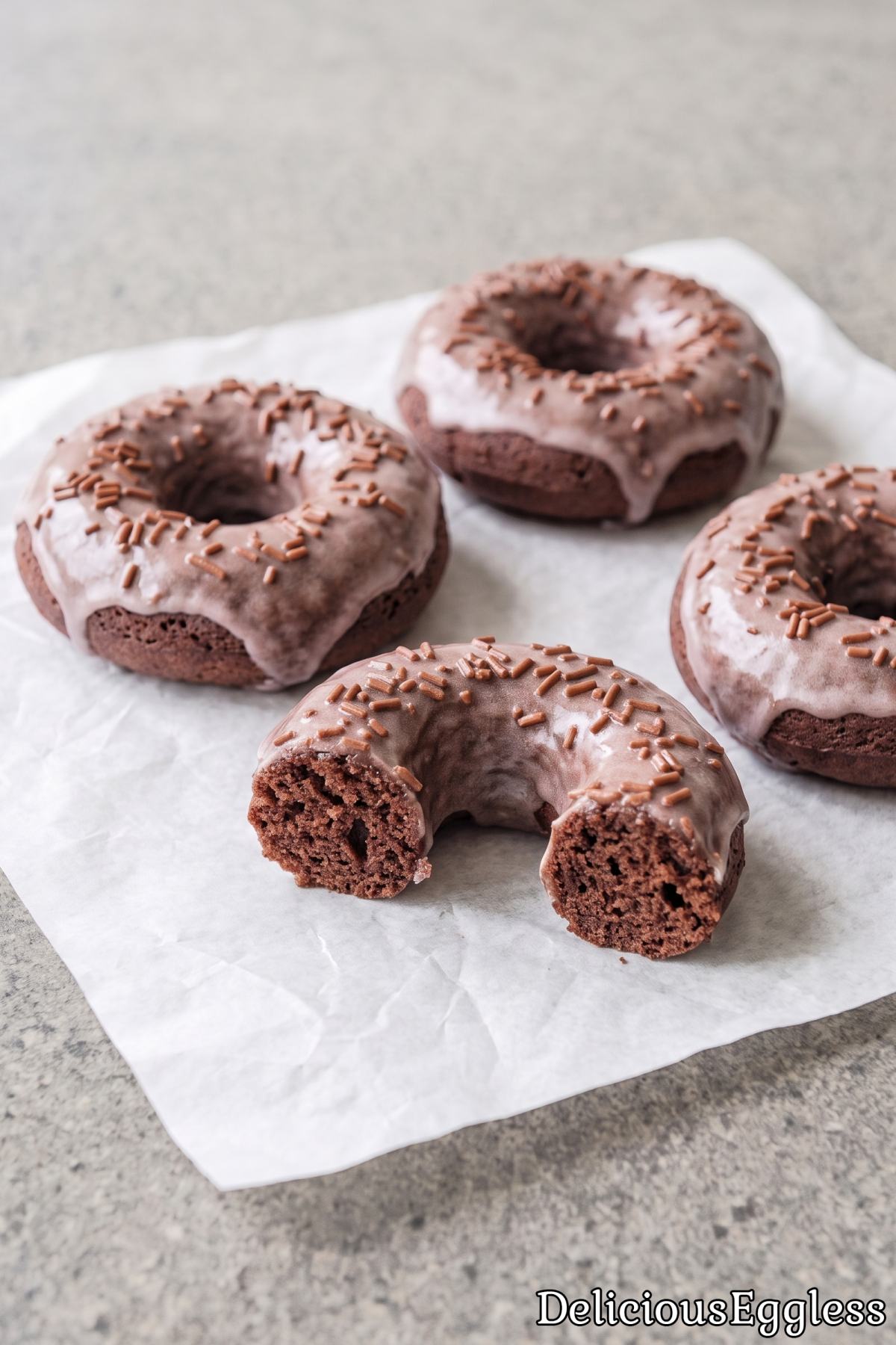 Freshly baked eggless chocolate glazed donuts