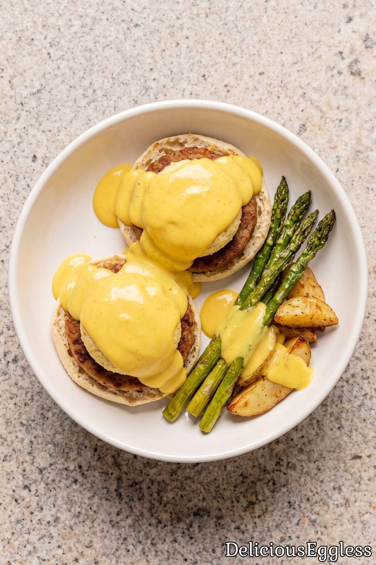 Golden vegan hollandaise sauce poured fresh