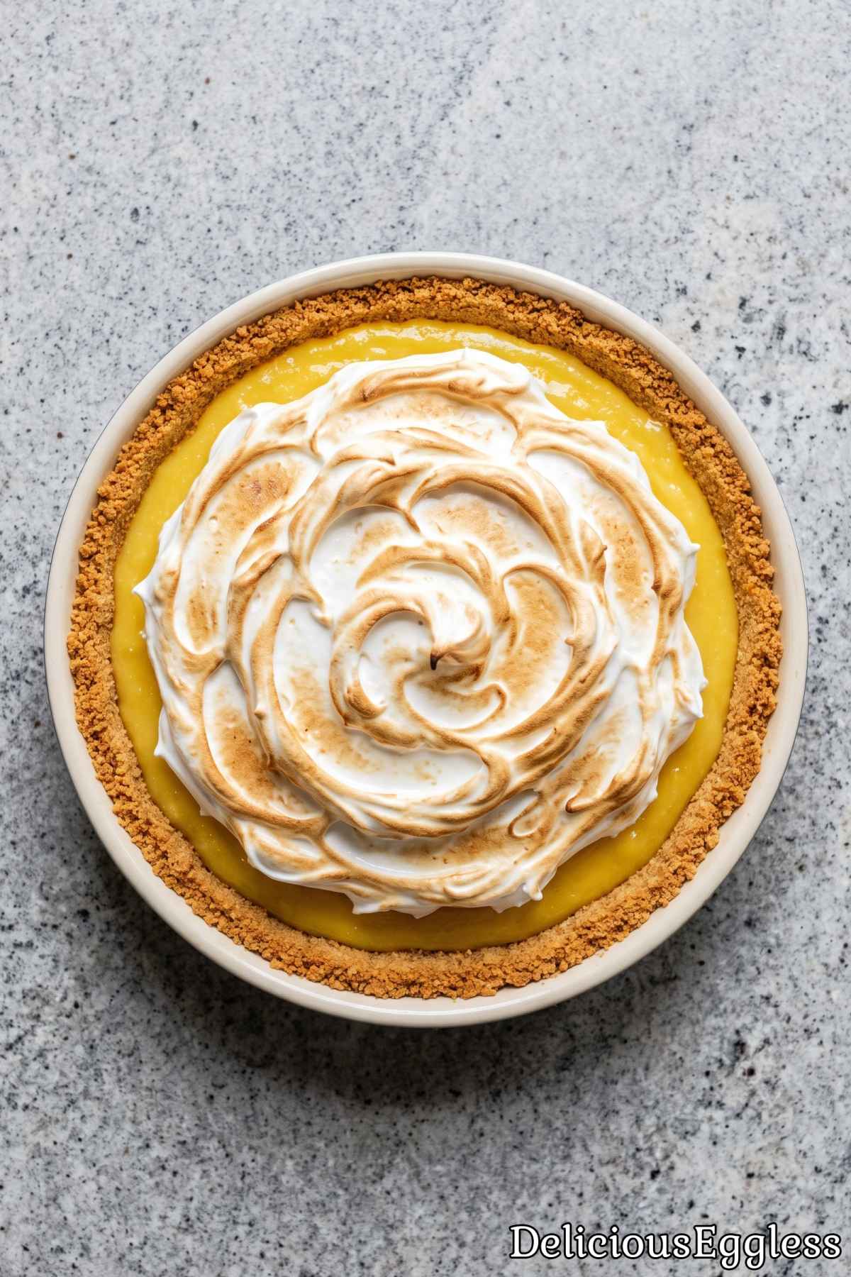Delicious eggless lemon meringue pie.