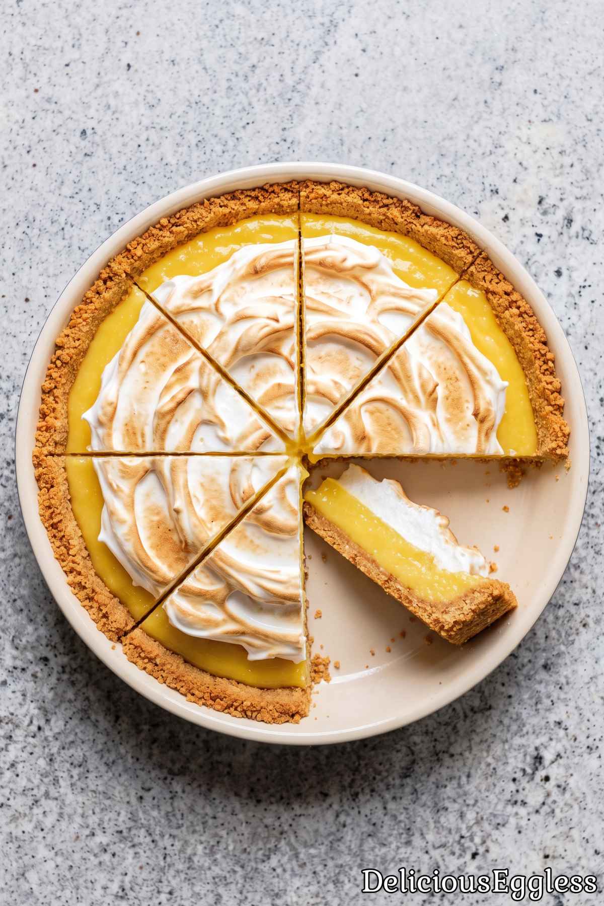 Sweet and zesty eggless lemon dessert pie.
