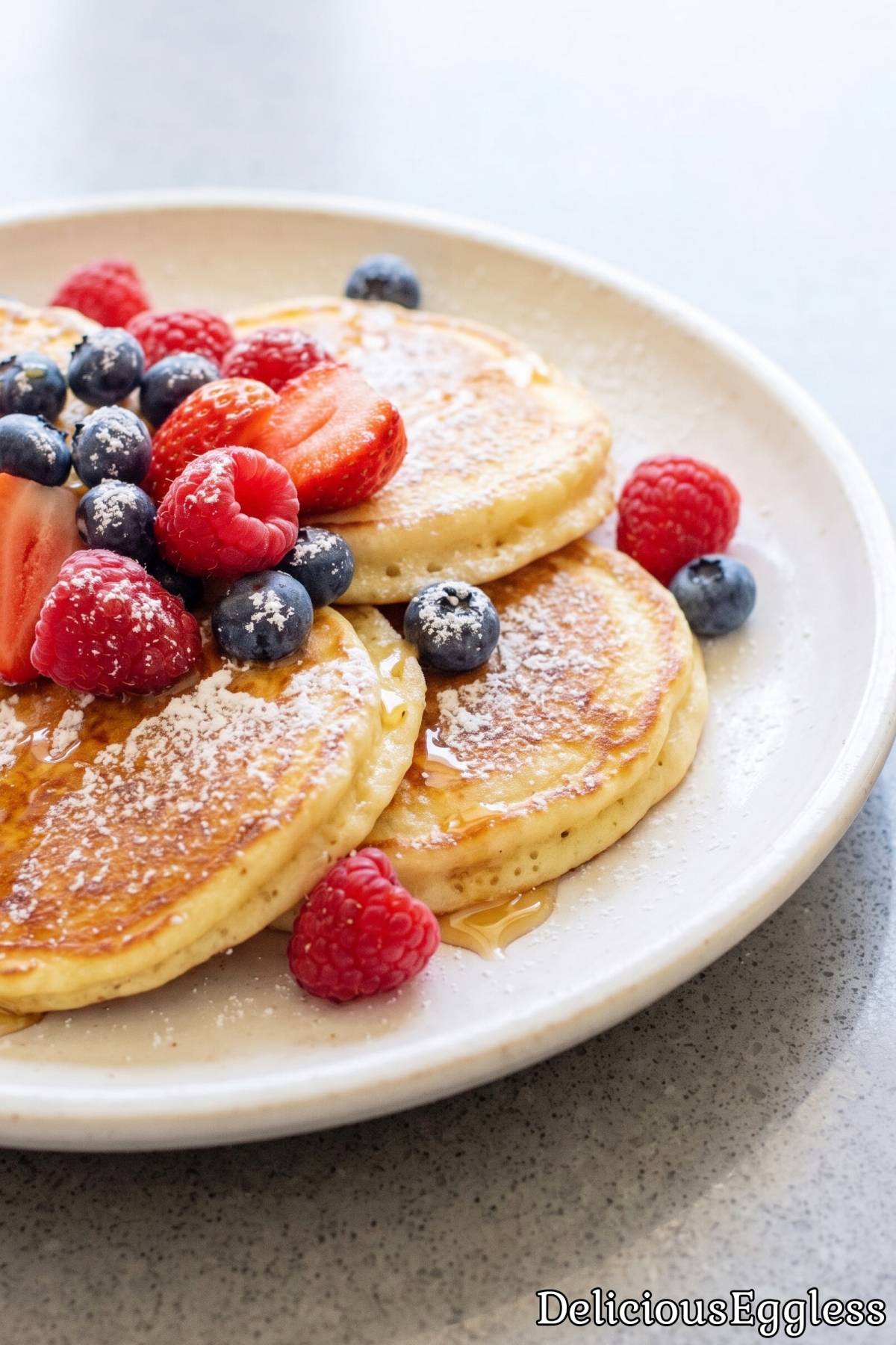 Warm fluffy eggless lemon ricotta pancakes