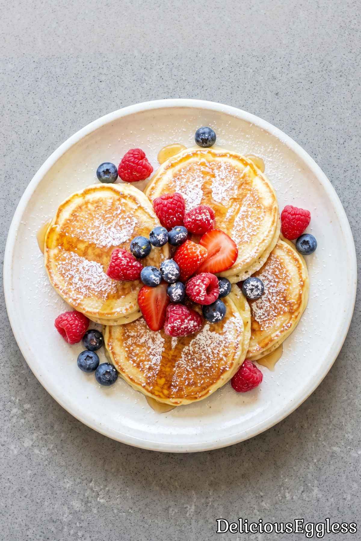 Light and sweet eggless lemon ricotta pancakes