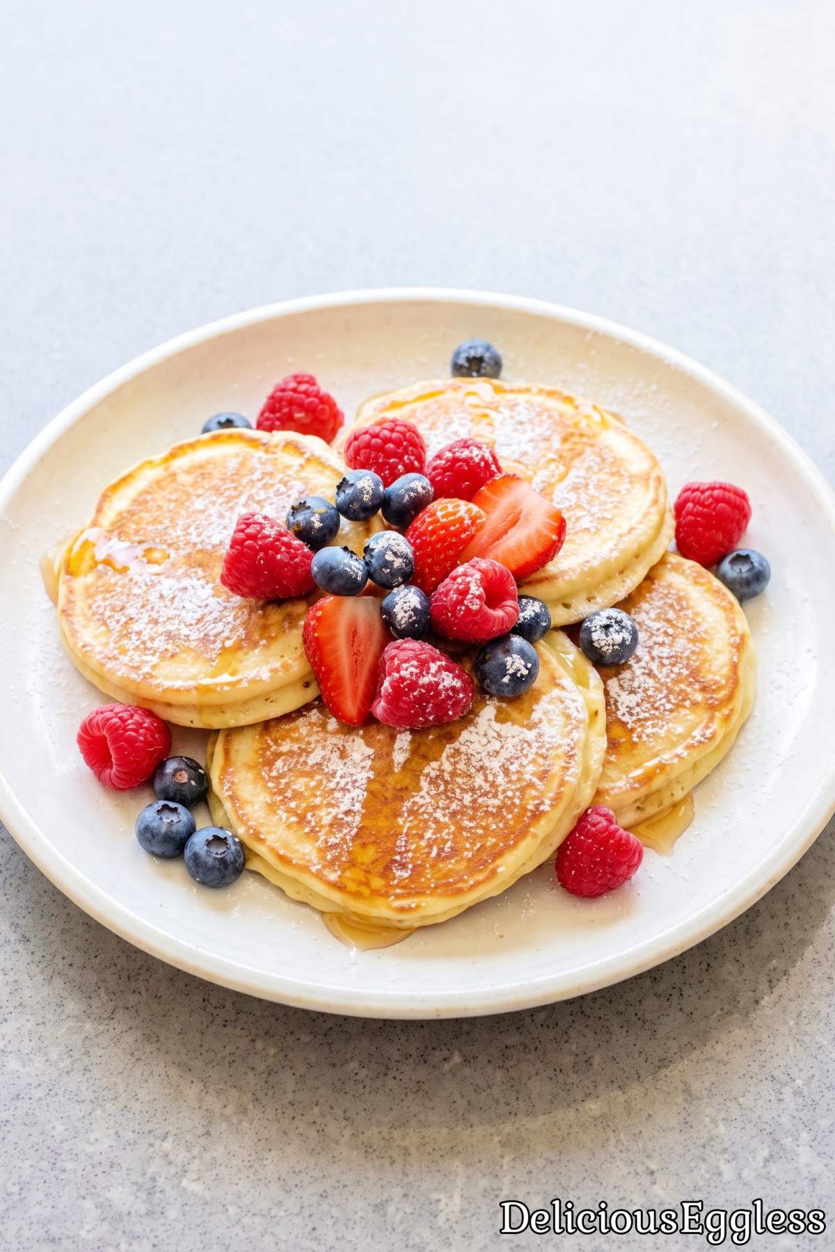 Easy stack of eggless lemon ricotta pancakes