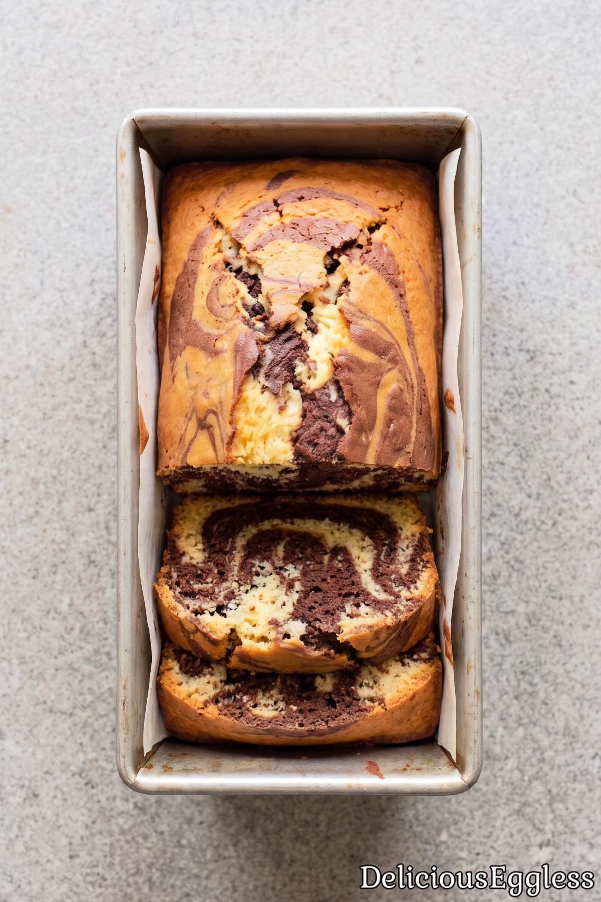 Sweet eggless vanilla chocolate marble cake.